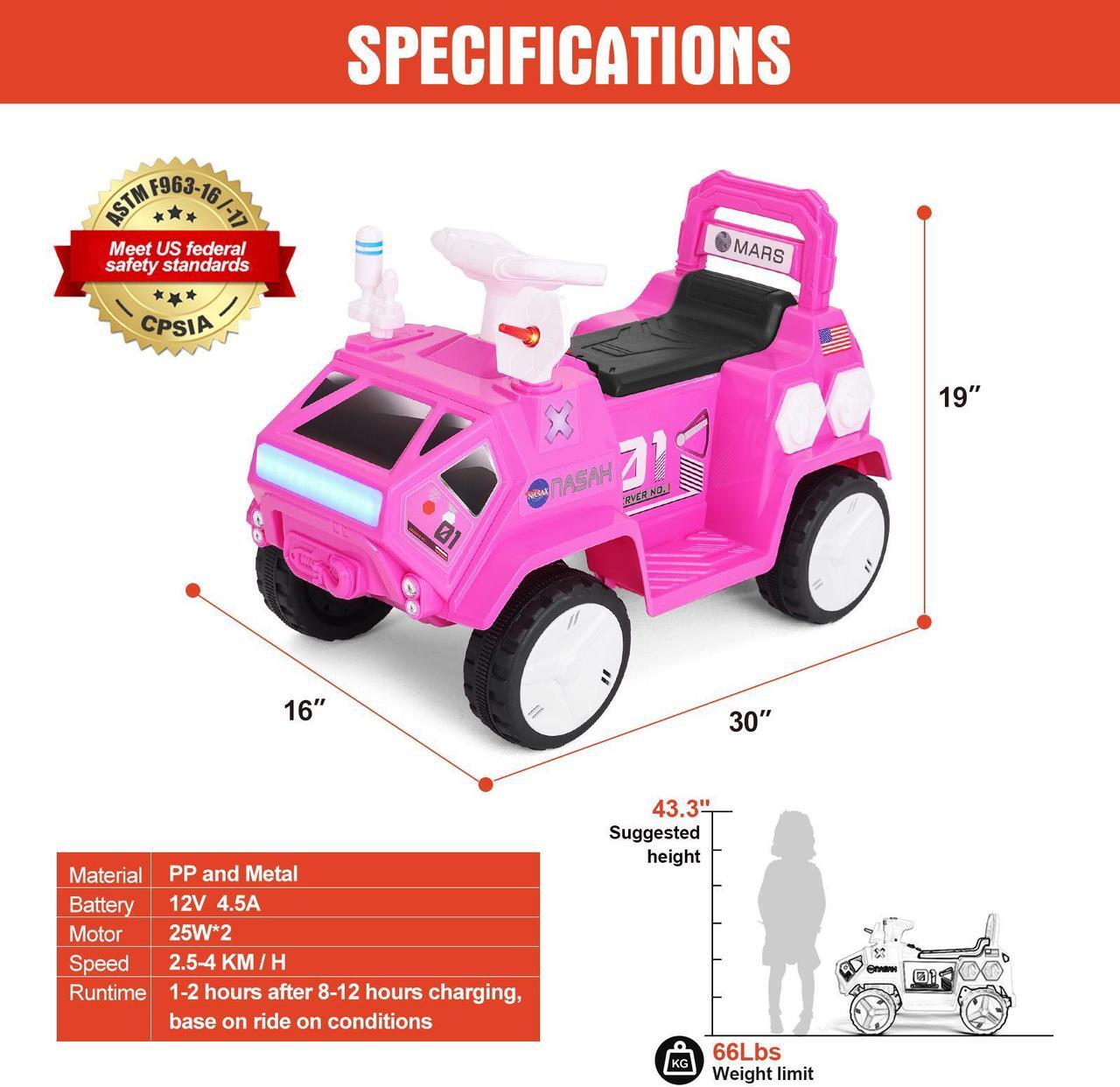 Alt view image 5 of 7 - JOYLDIAS 12V Ride On Car for Kids, Mars Rover Ride On Toy with Radar, Alarm, Remote Control, Music, Bluetooth, Lights, Pink