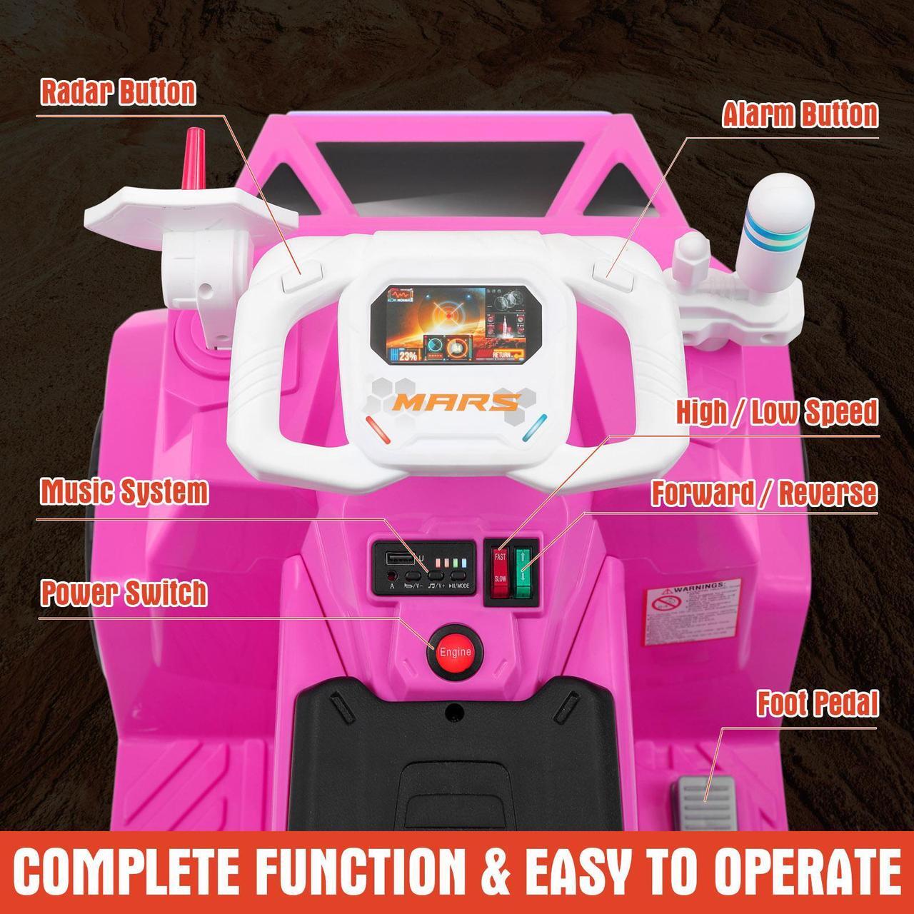 Alt view image 4 of 7 - JOYLDIAS 12V Ride On Car for Kids, Mars Rover Ride On Toy with Radar, Alarm, Remote Control, Music, Bluetooth, Lights, Pink