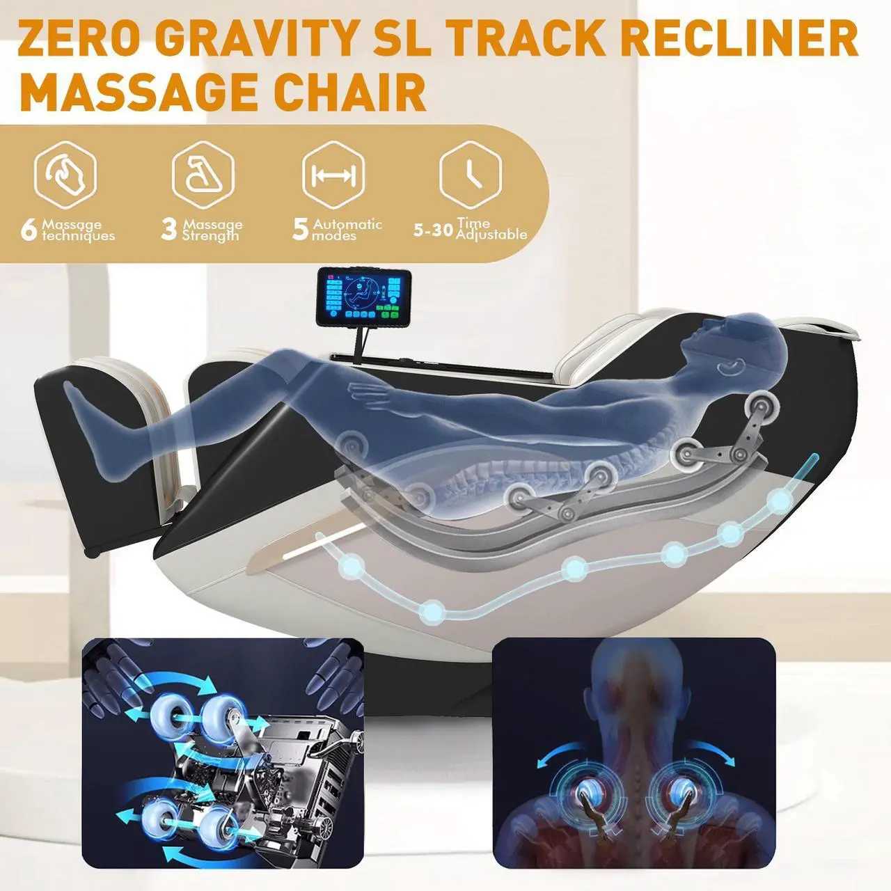 Alt view image 3 of 7 - 3D Full Body Massage Chair, Zero Gravity Recliner Chair With AI Voice Control, Back And Calf Heating, Bluetooth Speakers, And Foot Massager, Full Body Airbags Compression Massage (Black & White)