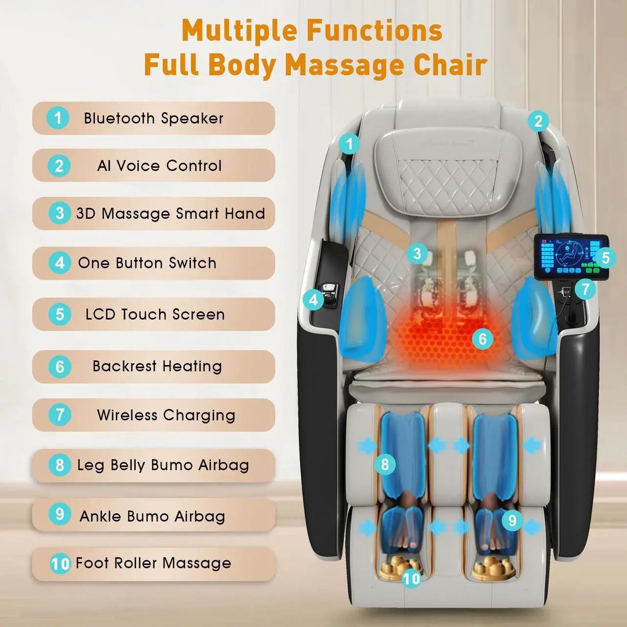 Alt view image 7 of 7 - 3D Full Body Massage Chair, Zero Gravity Recliner Chair With AI Voice Control, Back And Calf Heating, Bluetooth Speakers, And Foot Massager, Full Body Airbags Compression Massage (Black & White)