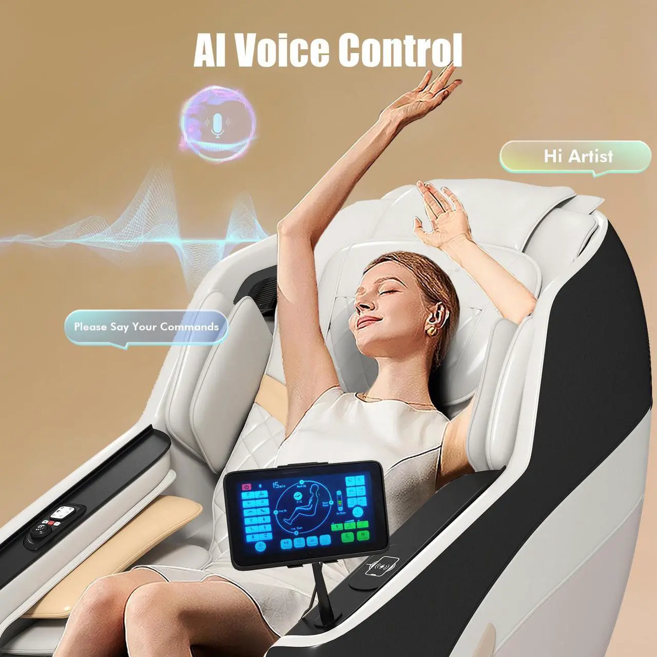 Alt view image 4 of 7 - 3D Full Body Massage Chair, Zero Gravity Recliner Chair With AI Voice Control, Back And Calf Heating, Bluetooth Speakers, And Foot Massager, Full Body Airbags Compression Massage (Black & White)
