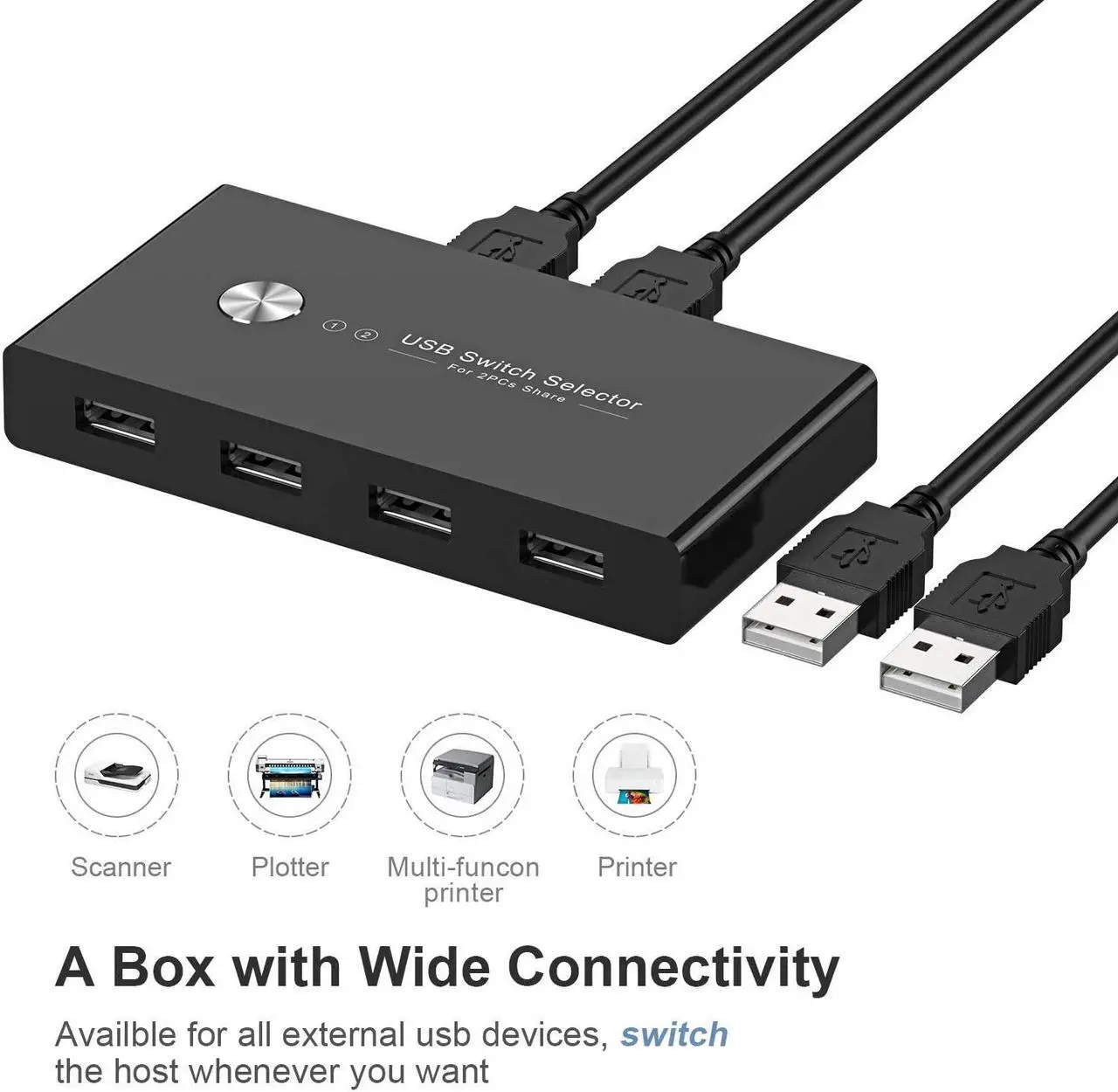 Alt view image 4 of 7 - USB Switch Selector KVM Switch for 2 Computers Sharing 4 USB Devices, USB 2.0 Peripheral Box Hub for Keyboard, Mouse, Scanner, Printer,with One-Button Swapping & 2 Pack USB Cable