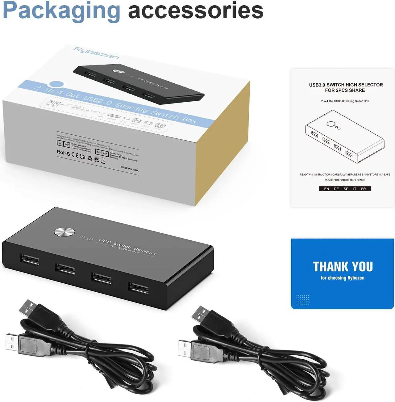 Alt view image 7 of 7 - USB Switch Selector KVM Switch for 2 Computers Sharing 4 USB Devices, USB 2.0 Peripheral Box Hub for Keyboard, Mouse, Scanner, Printer,with One-Button Swapping & 2 Pack USB Cable