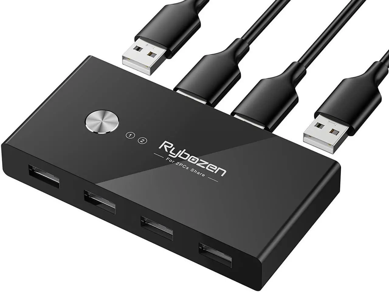 Main image of USB Switch Selector KVM Switch for 2 Computers Sharing 4 USB Devices, USB 2.0 Peripheral Box Hub for Keyboard, Mouse, Scanner, Printer,with One-Button Swapping & 2 Pack USB Cable