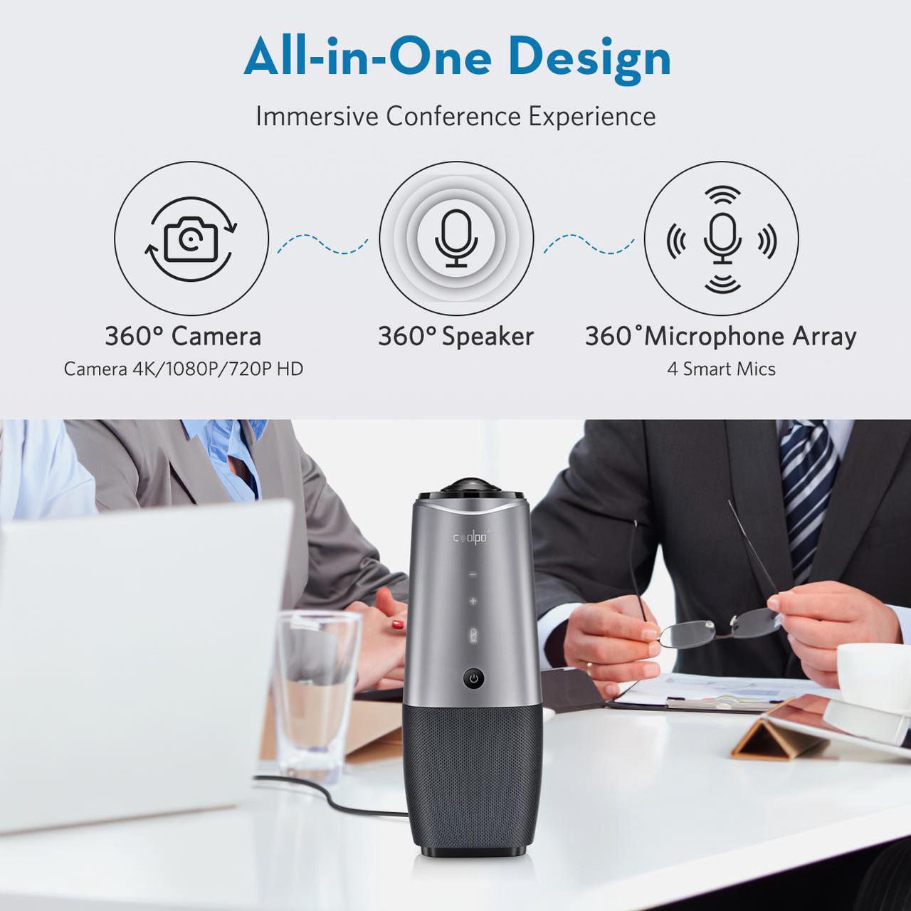 Alt view image 2 of 7 - COOLPO AI HUDDLE PANA - 360 DEGREE MEETING PRO 1080P AUTOMATIC VIDEO CONFERENCING CAMERA, 4k camera with Microphone,15 ft Voice Pickup, USB Plug and Play, Conference Webcam for Zoom Skype Hangout