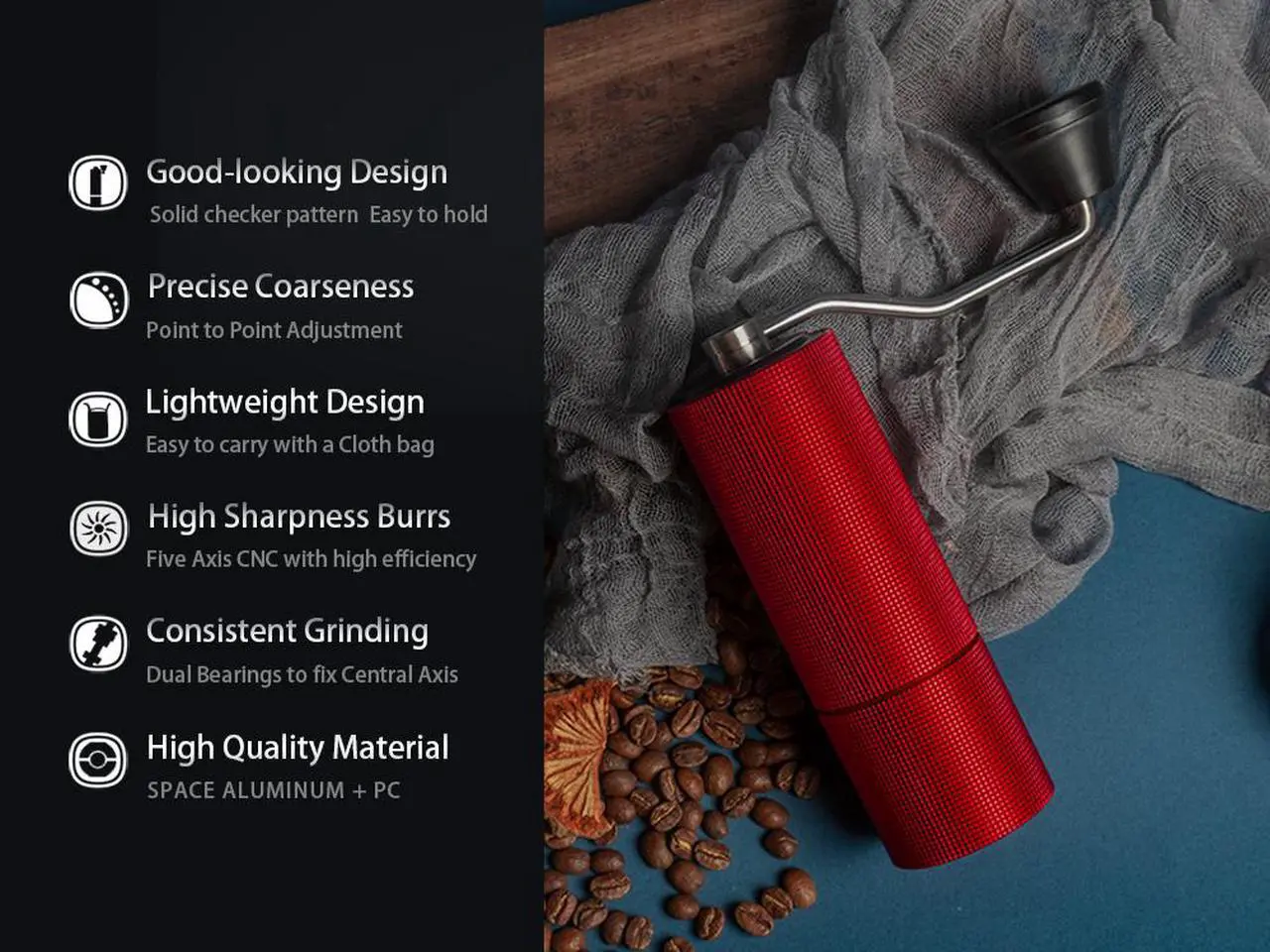 Alt view image 6 of 7 - TIMEMORE Chestnut C2 Manual Coffee Grinder, Limited Edition Festival Red, Stainless Steel Burr, Portable for Home, Office, Travel, Camping, Adjustable Grind Settings, 25g Capacity