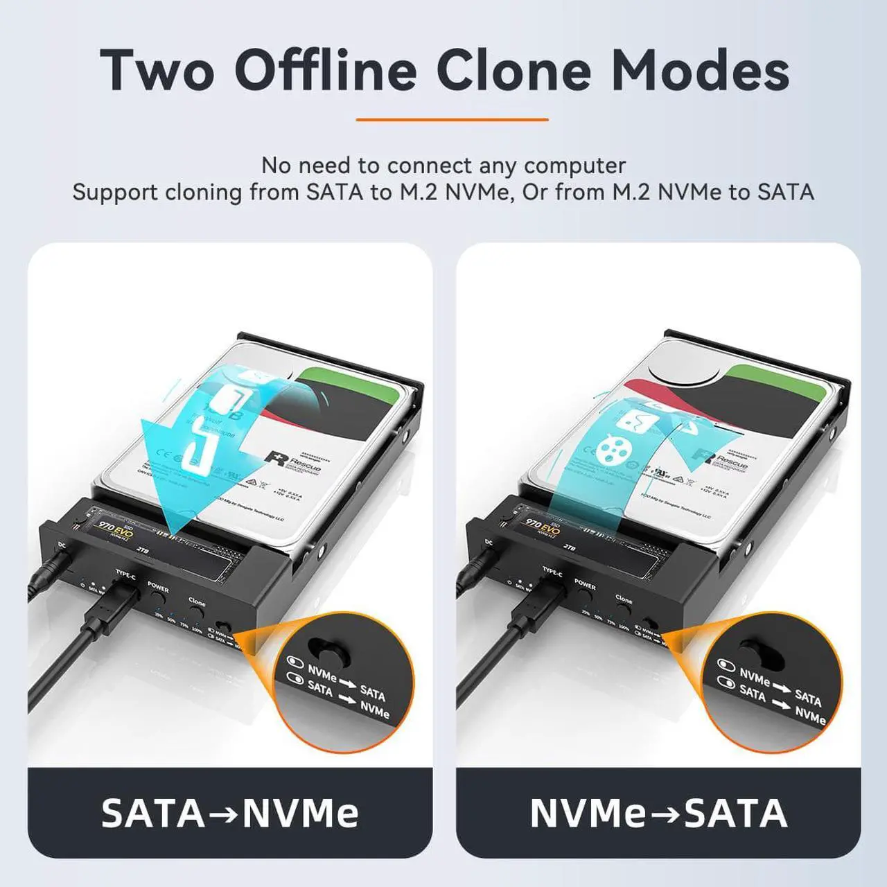 Alt view image 5 of 7 - MAIWO M.2 NVMe Enclosure + 3.5/2.5 Inch SATA Hard Drive Enclosure, Dual Bay HDD SSD Duplicator for M.2 & 3.5/2.5 Inch SATA Drive, Max 10Gbps Transfer Rate Up to 22TB Capacity