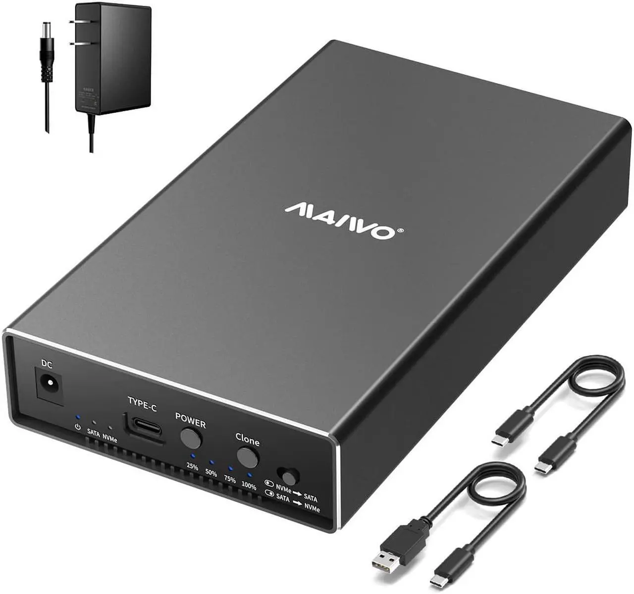 Main image of MAIWO M.2 NVMe Enclosure + 3.5/2.5 Inch SATA Hard Drive Enclosure, Dual Bay HDD SSD Duplicator for M.2 & 3.5/2.5 Inch SATA Drive, Max 10Gbps Transfer Rate Up to 22TB Capacity