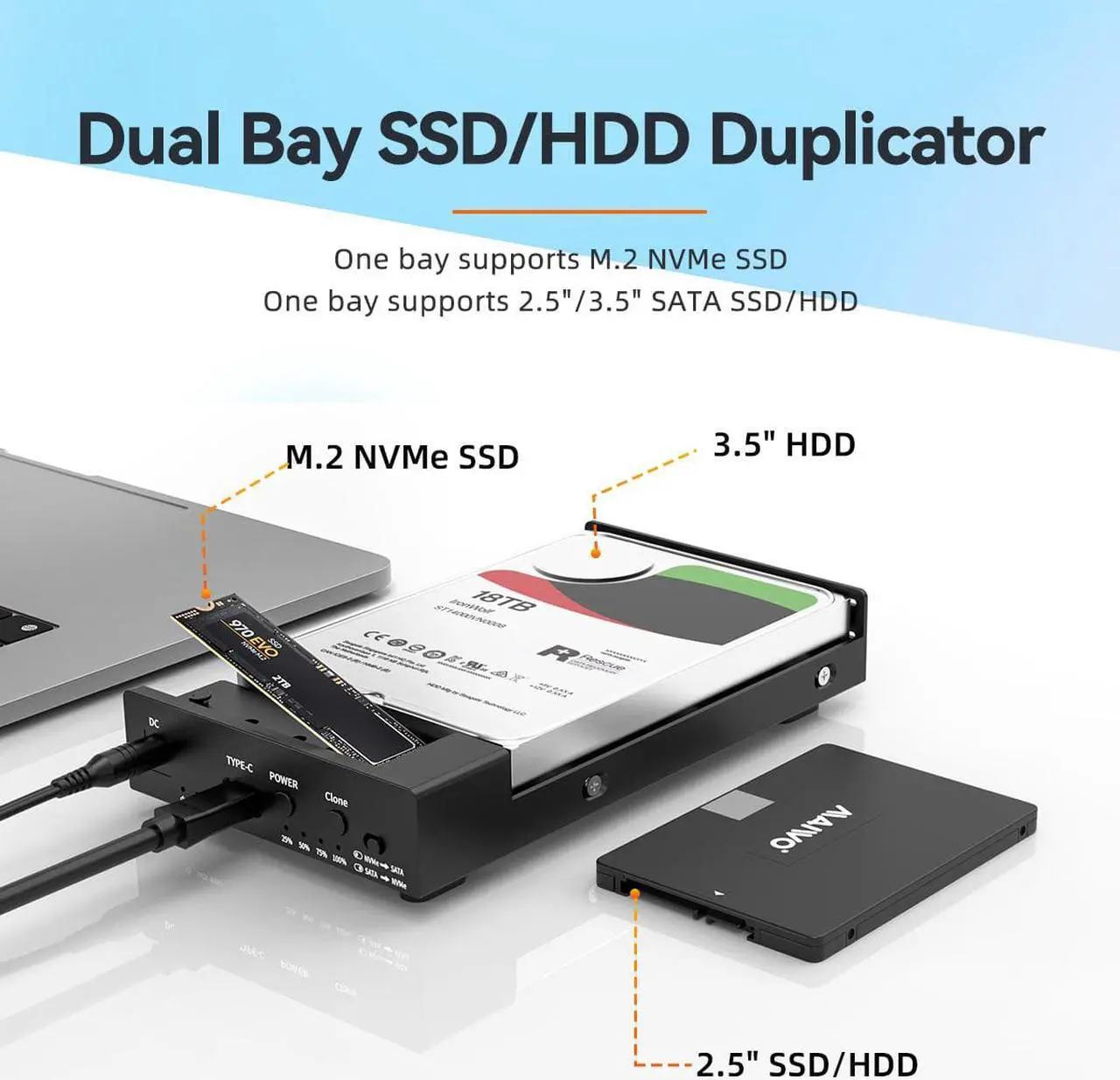 Alt view image 2 of 7 - MAIWO M.2 NVMe Enclosure + 3.5/2.5 Inch SATA Hard Drive Enclosure, Dual Bay HDD SSD Duplicator for M.2 & 3.5/2.5 Inch SATA Drive, Max 10Gbps Transfer Rate Up to 22TB Capacity