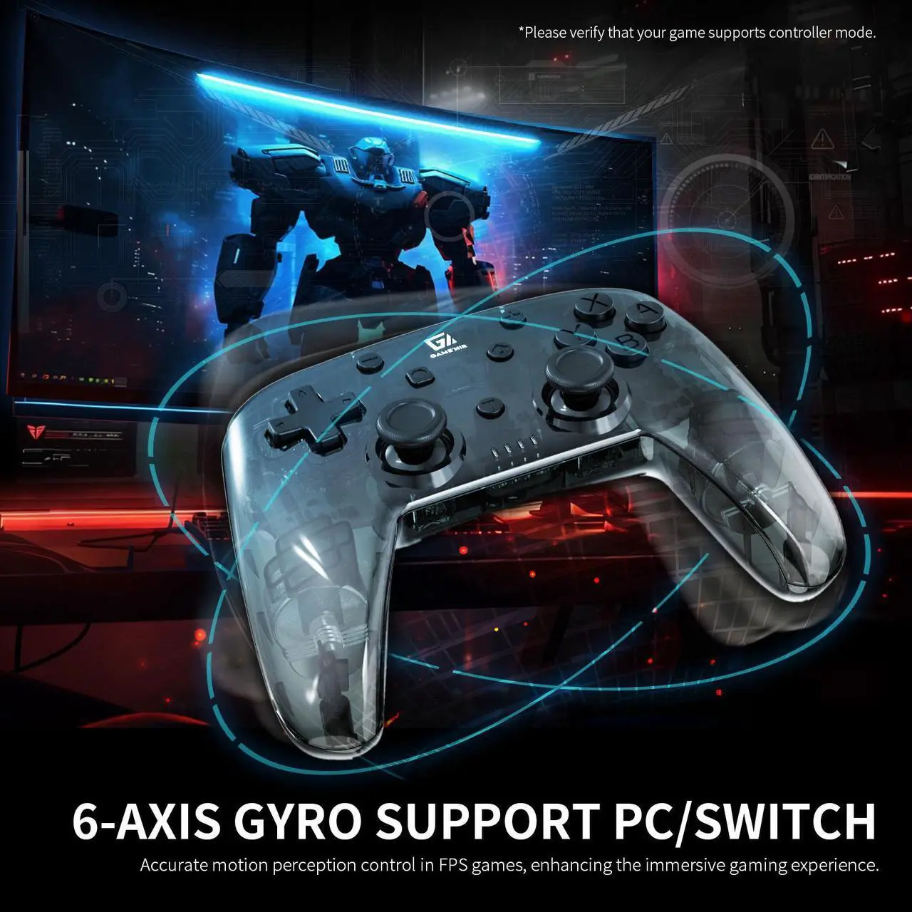 Alt view image 6 of 7 - GAME'NIR BLACK SYMMETRY Wireless Switch Controller, Ergonomic Switch Pro Controller for Switch/Switch Lite/Switch OLED with Dual Motor, Gyro Axis, Turbo Function, 5 Level Vibration