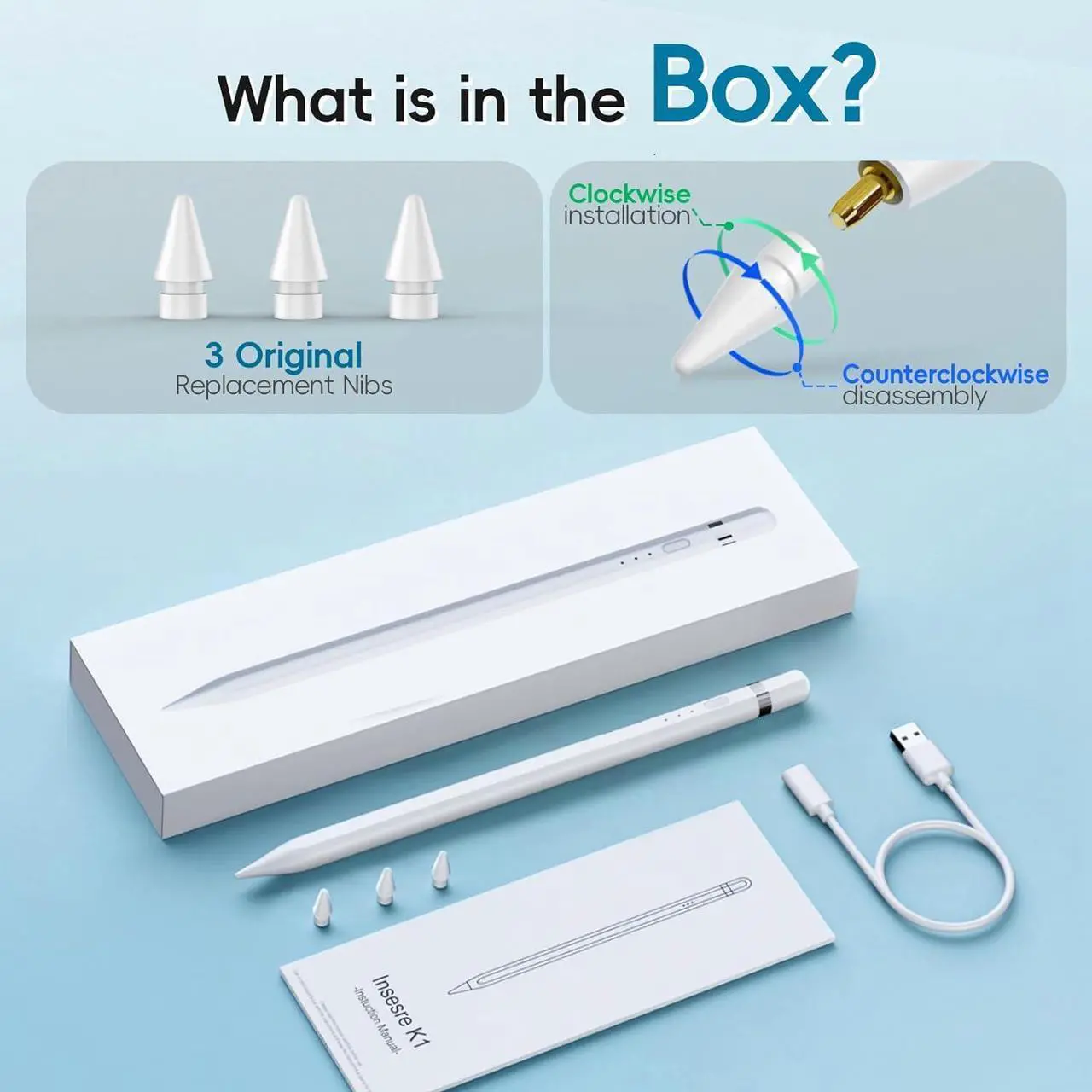 Alt view image 3 of 7 - for Apple Pencil 1st Generation, Stylus Pen for iPad, Apple Pen USB-C Port Support Reverse Charging.Magnetic,Tilt & Palm Rejection.Suitable for iPad 6-10,iPad Pro12.9&11",iPad Air3/4/5,iPad mini5/6