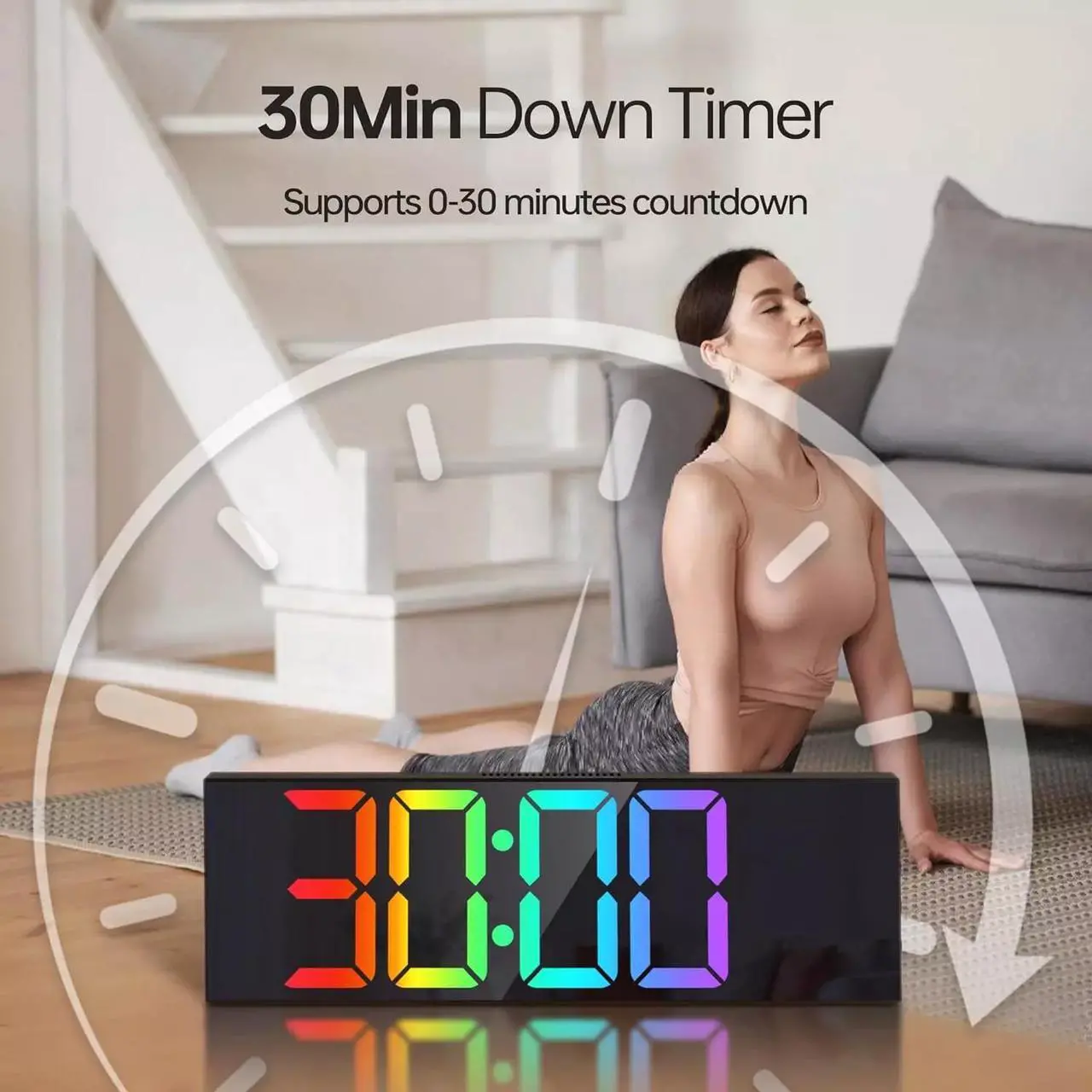 Alt view image 6 of 7 - 16.2" Large Digital Wall Clock with Bluetooth Sync, Alarm, Big LED, 8 RGB Color,