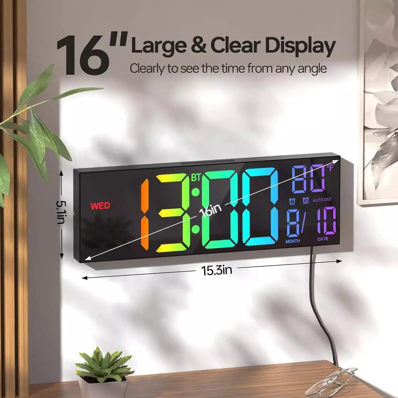 Alt view image 3 of 7 - 16.2" Large Digital Wall Clock with Bluetooth Sync, Alarm, Big LED, 8 RGB Color,