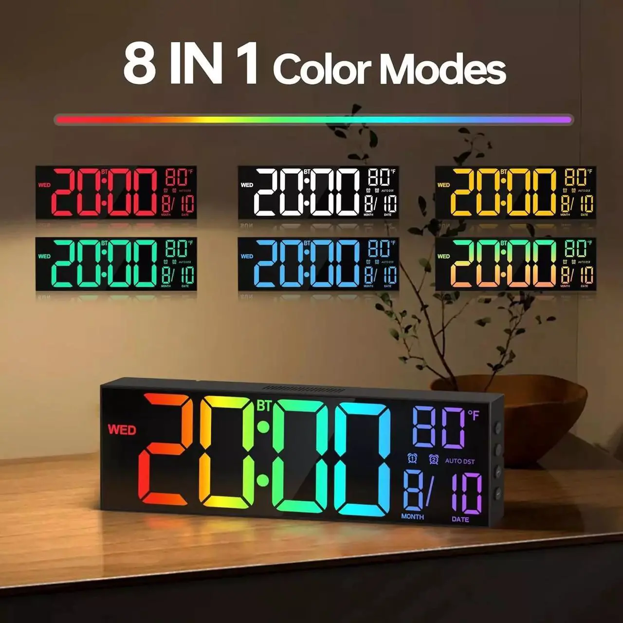Alt view image 5 of 7 - 16.2" Large Digital Wall Clock with Bluetooth Sync, Alarm, Big LED, 8 RGB Color,