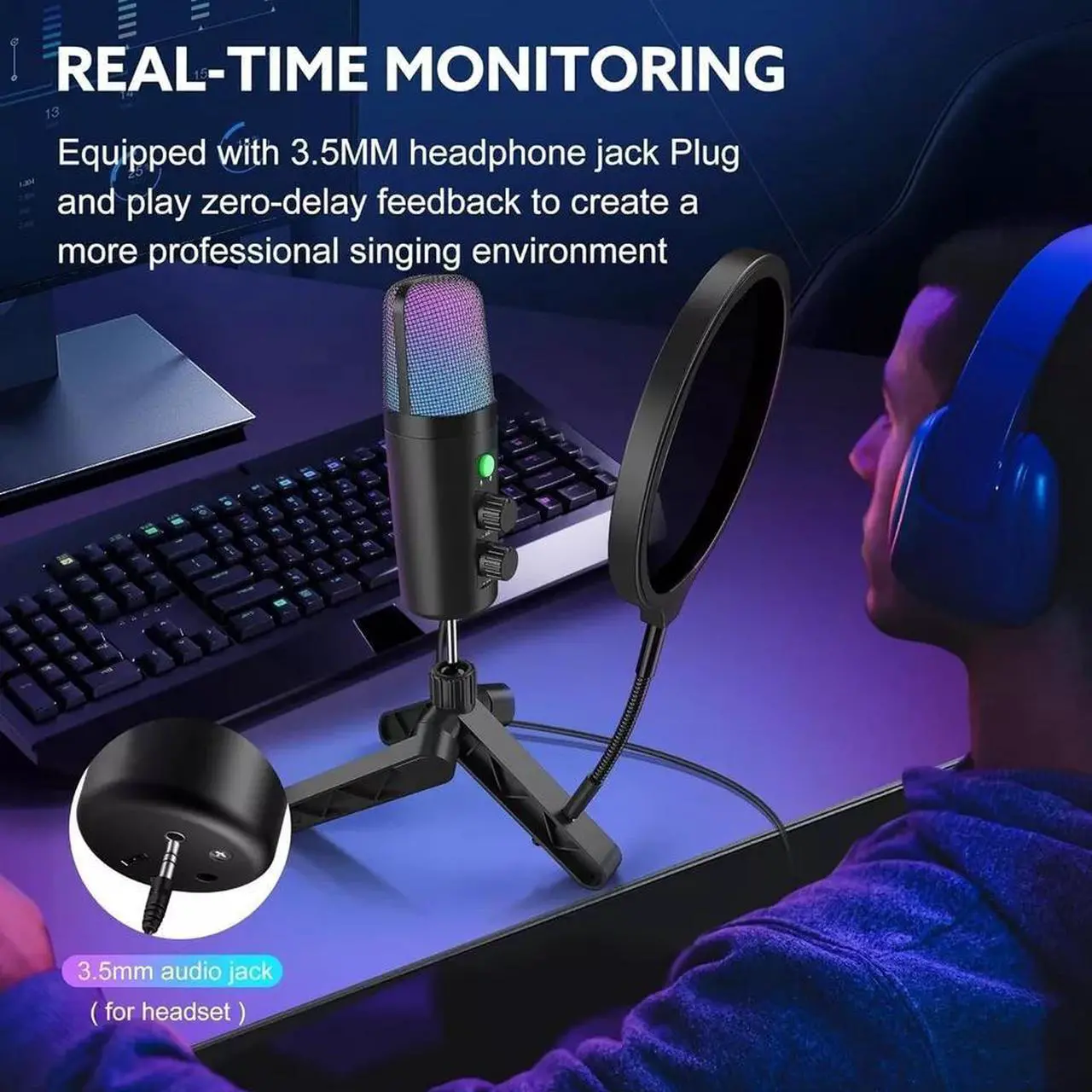 Alt view image 2 of 5 - USB Condenser Microphone with Tripod Stand & Pop Filter for PC, Mac