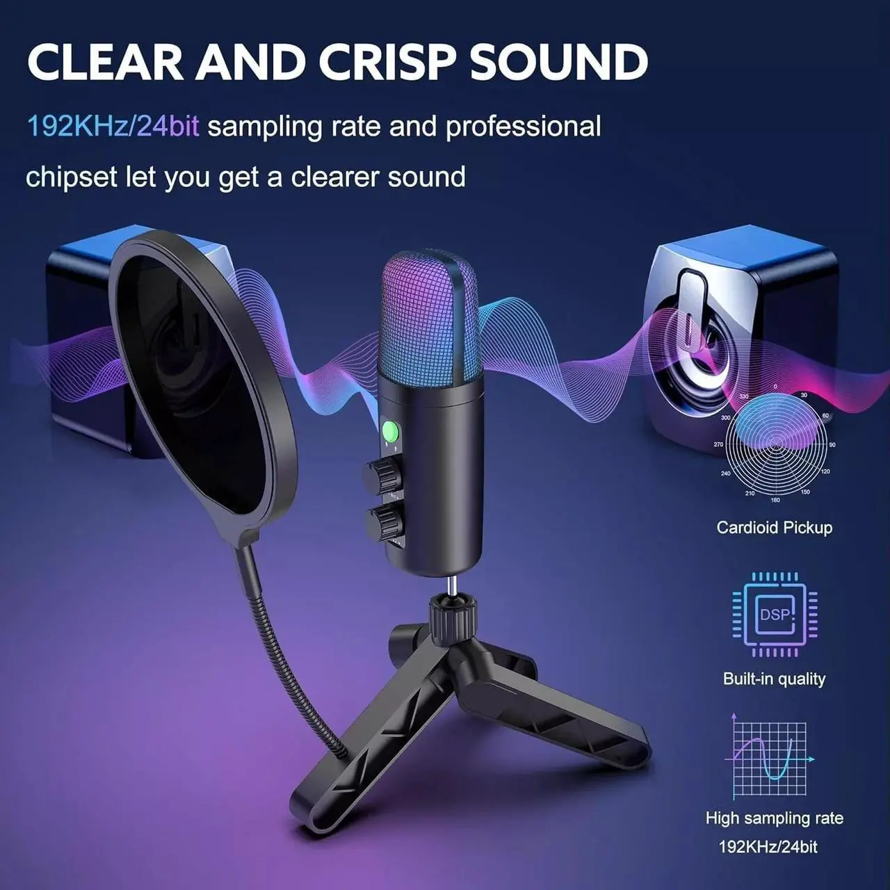 Alt view image 4 of 5 - USB Condenser Microphone with Tripod Stand & Pop Filter for PC, Mac