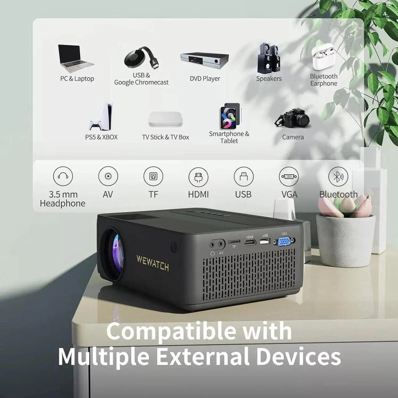 Alt view image 3 of 7 - WEWATCH Mini Projector, Bluetooth Projector Native 1080P Full HD, 13500L Portabl