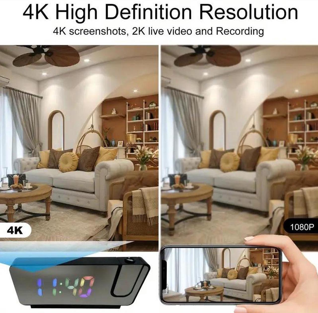 Alt view image 7 of 7 - 4K HD Clock Camera with Wi-Fi, Motion Detection & Remote Viewing - Colorful Time Display, Projection Feature, SD/Cloud Storage Options for Home & Office Security