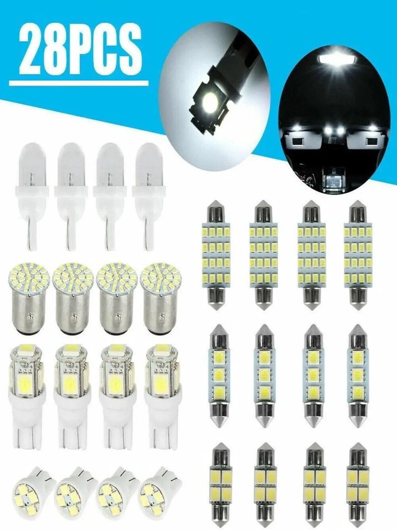 Alt view image 3 of 7 - 28x Car Interior LED Bulbs Kit White Light Dome License Plate Mixed Lamp Set USA