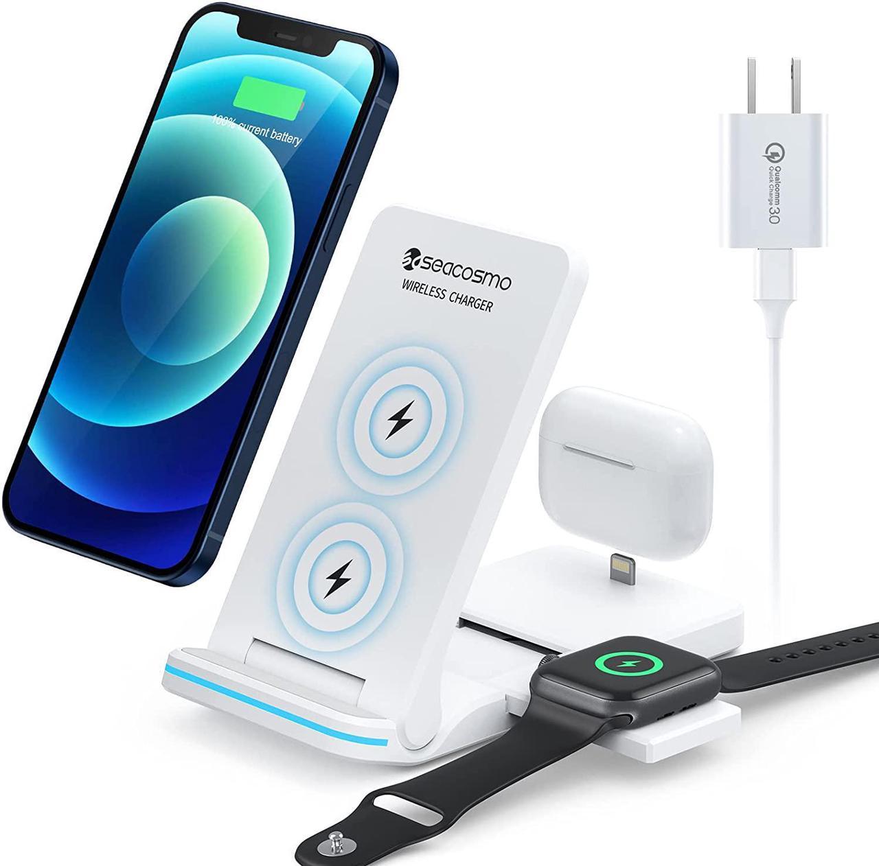 seacosmo Wireless Charger Stand, 3 in 1 Wireless Charging Station for Apple Watch, AirPods, 18W Fast Apple Charging Station for iPhone 14/13/12/11/XR/8/Plus, Galaxy S23/ S20FE All Qi-Enabled Phones