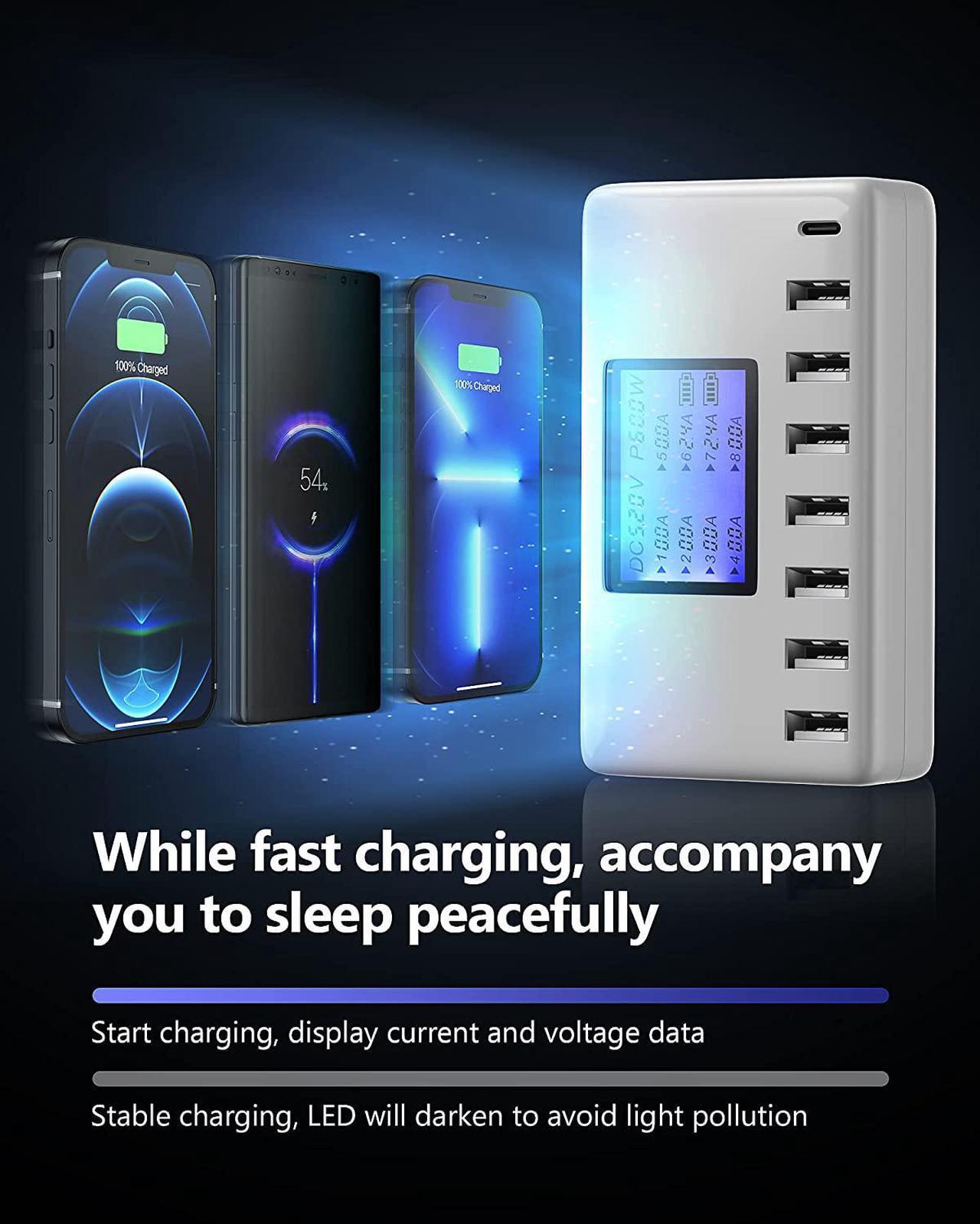 Alt view image 3 of 7 - USB Charging Station, Ziwodiv 8-Ports USB Charger Station, 60W/12A Multi Port USB C Hub Charger with LCD Display for Multiple Devices, Compact Desktop Charging for iPhone iPad Samsung Android Tablet