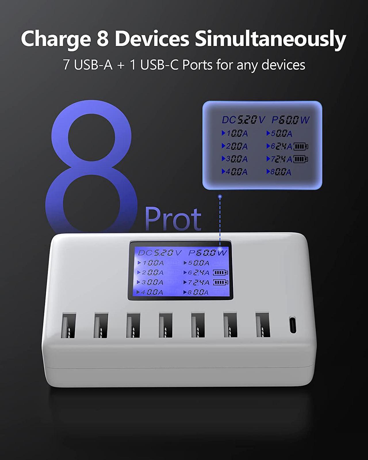 Alt view image 2 of 7 - USB Charging Station, Ziwodiv 8-Ports USB Charger Station, 60W/12A Multi Port USB C Hub Charger with LCD Display for Multiple Devices, Compact Desktop Charging for iPhone iPad Samsung Android Tablet