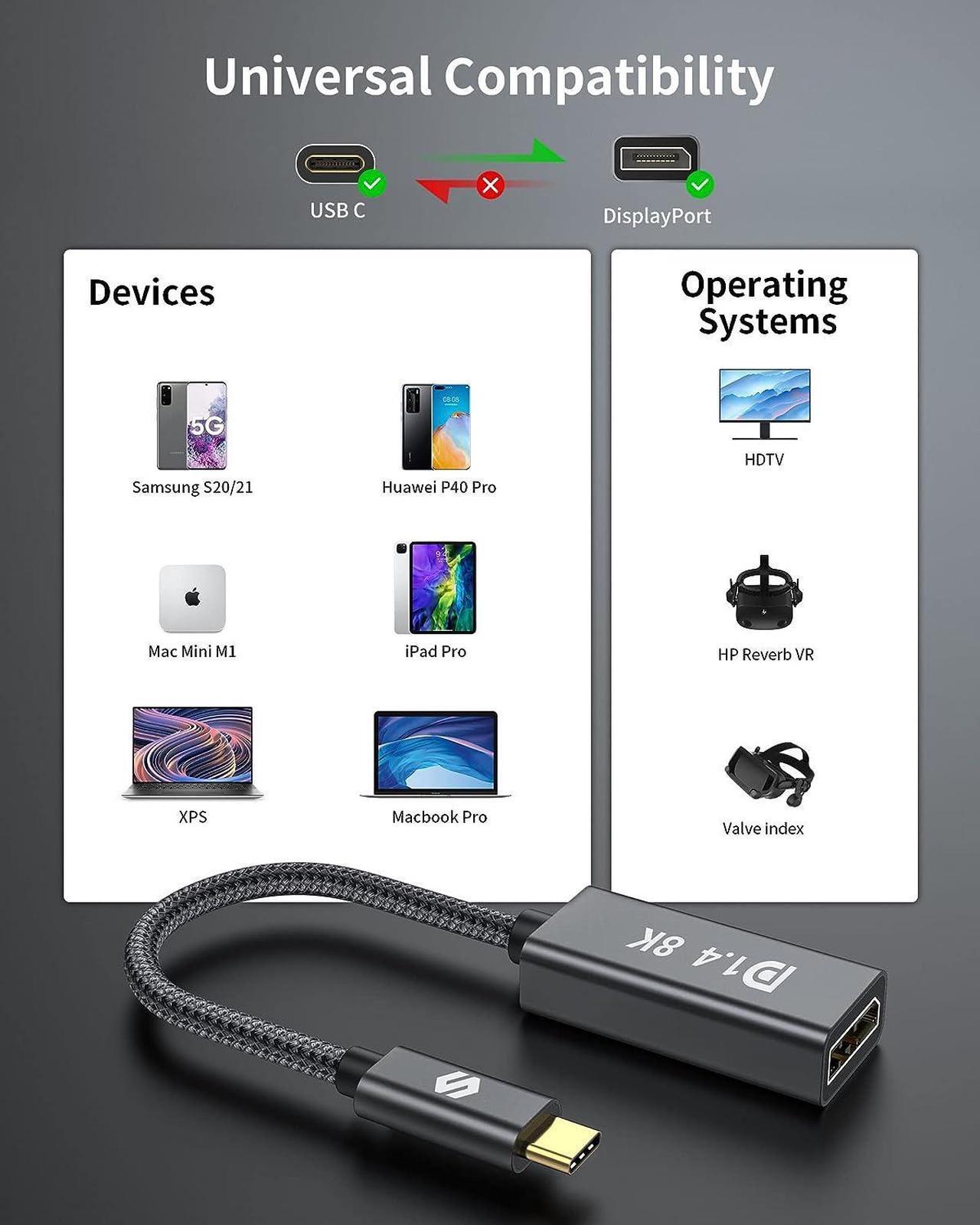 Alt view image 7 of 7 - Silkland USB C to DisplayPort 1.4 Adapter [8K@60Hz, 4K@144Hz 120Hz, 2K@240Hz], 5K Type C to DP 1.4 HDR, Thunderbolt 4/3 to Display Port Compatible with Reverb G2, Valve Index, MacBook Pro, Dell XPS