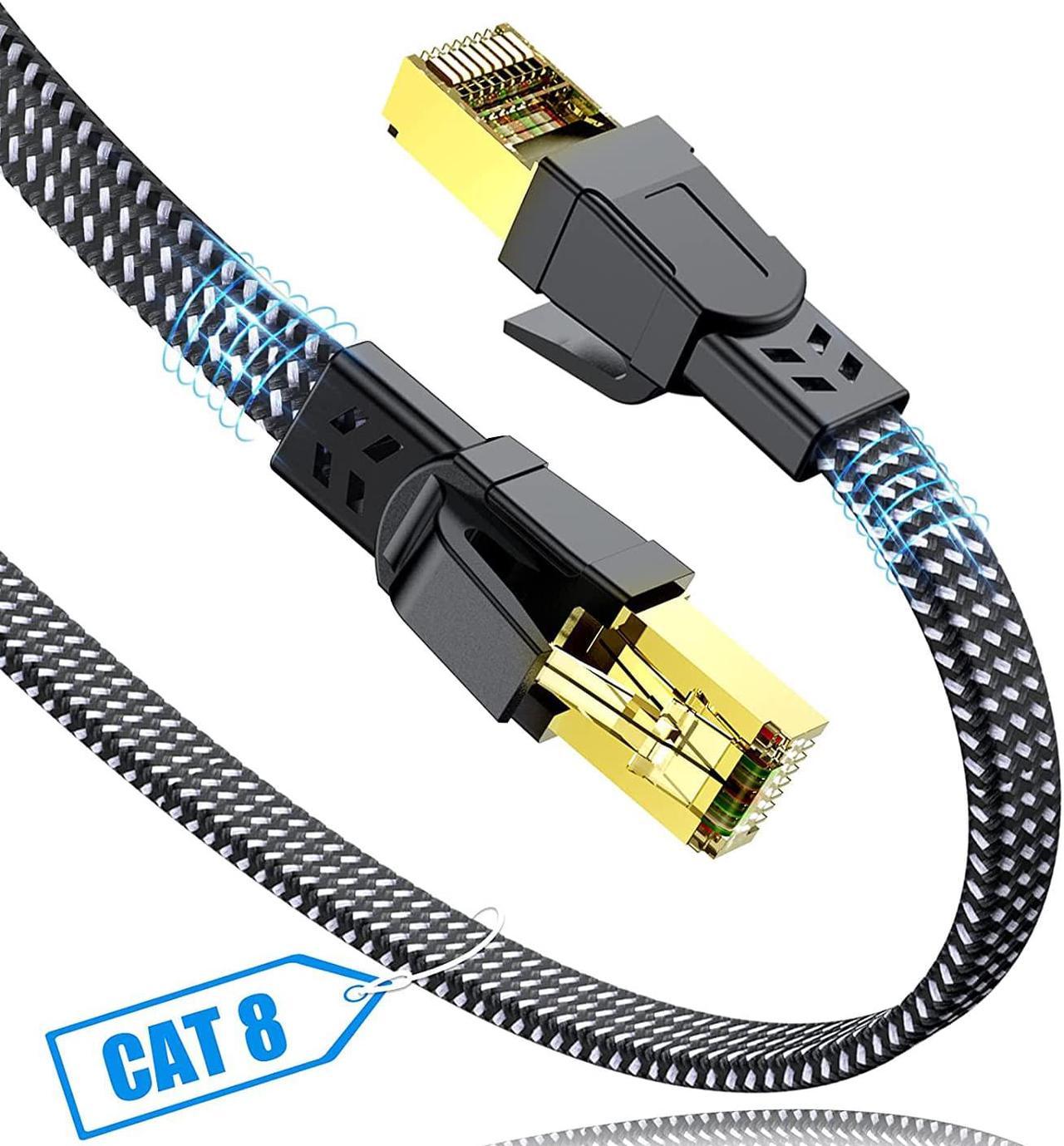 Cat 8 Ethernet Cable 15ft,Nylon Braided High Speed 26AWG 40Gbps 2000Mhz SFTP Flat Patch Cord, Cat8 LAN Internet Network RJ45 Cord-Shielded in Wall, Outdoor for Router,Modem, Gaming,PC,PS5