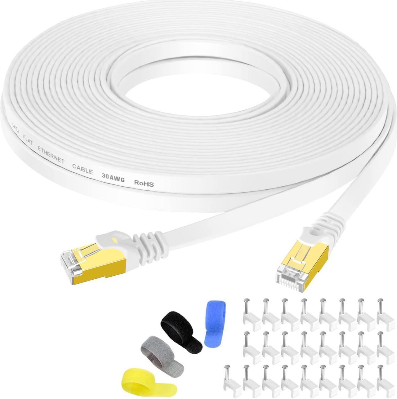 Cat7 Shielded Ethernet Cable 50ft White (Highest Speed Cable) Flat Internet Network Cable Support Cat5/Cat6 Network,600Mhz,10Gbps + Free Clips and Straps for Router Xbox Modem