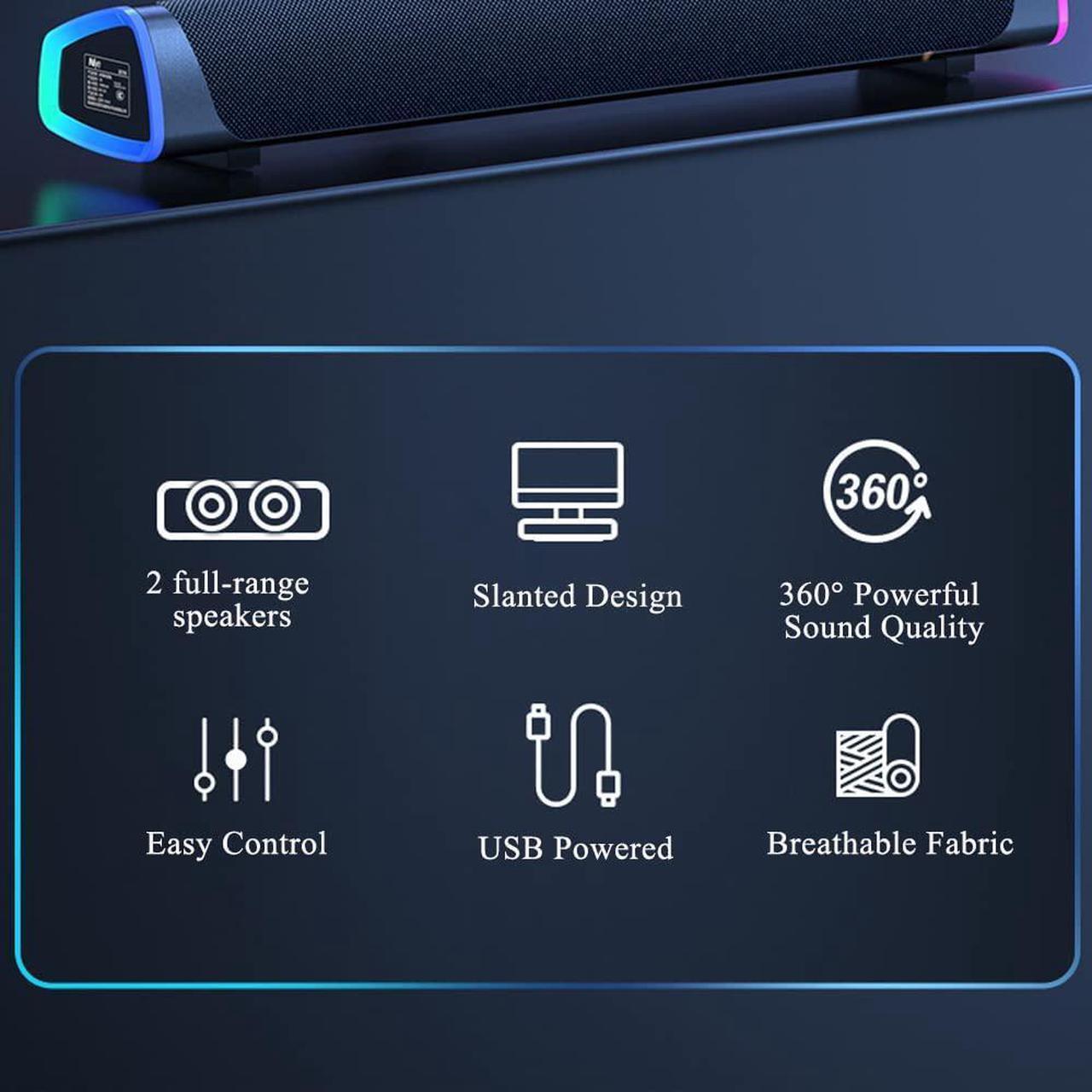 Alt view image 7 of 7 - SOULION R30 Computer Speakers, USB Powered 3.5mm AUX Small PC Speakers, Colorful LED Lights with Switch Button, Surround Sound Portable Computer Sound Bar Speaker for Desktop Laptop Gray