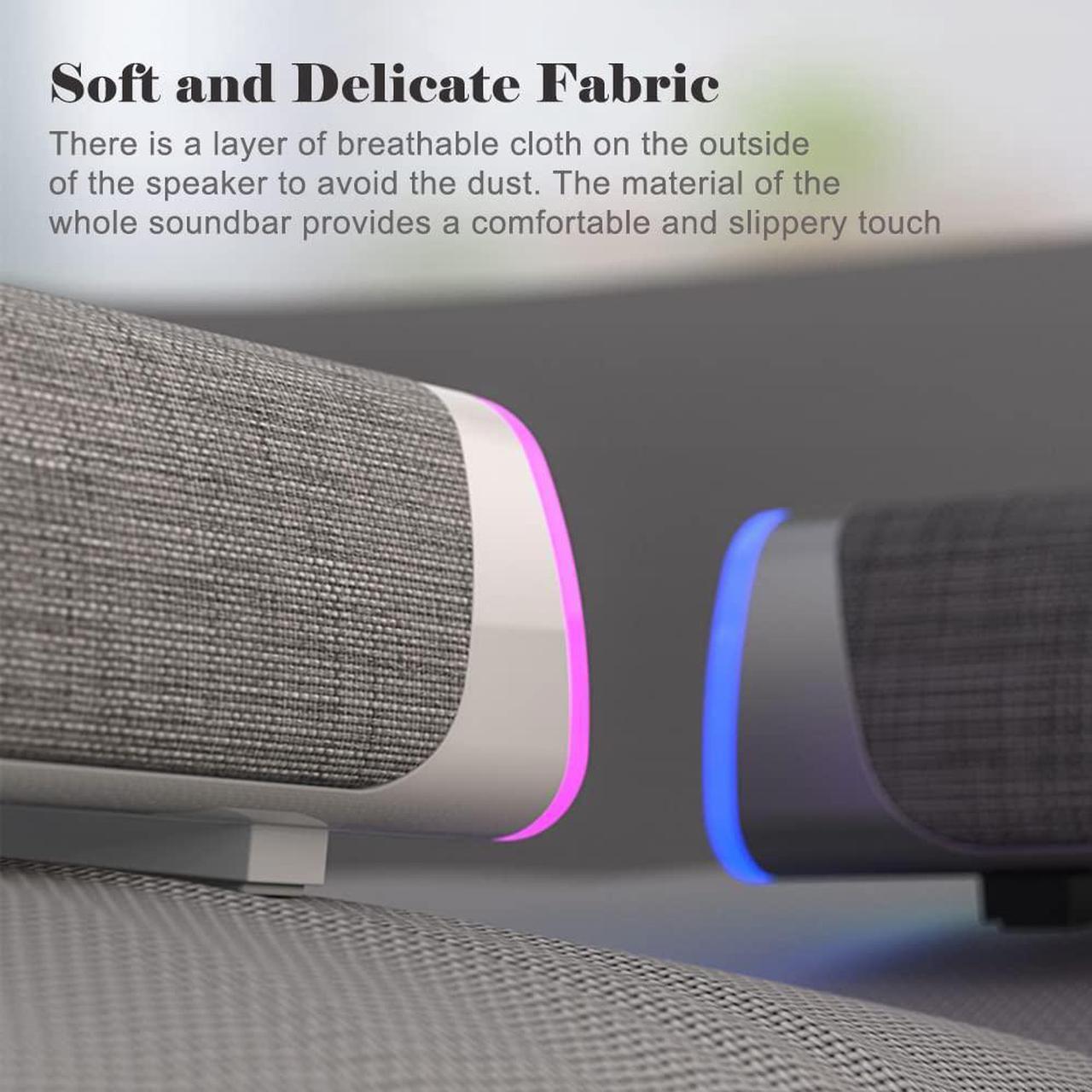 Alt view image 6 of 7 - SOULION R30 Computer Speakers, USB Powered 3.5mm AUX Small PC Speakers, Colorful LED Lights with Switch Button, Surround Sound Portable Computer Sound Bar Speaker for Desktop Laptop Gray