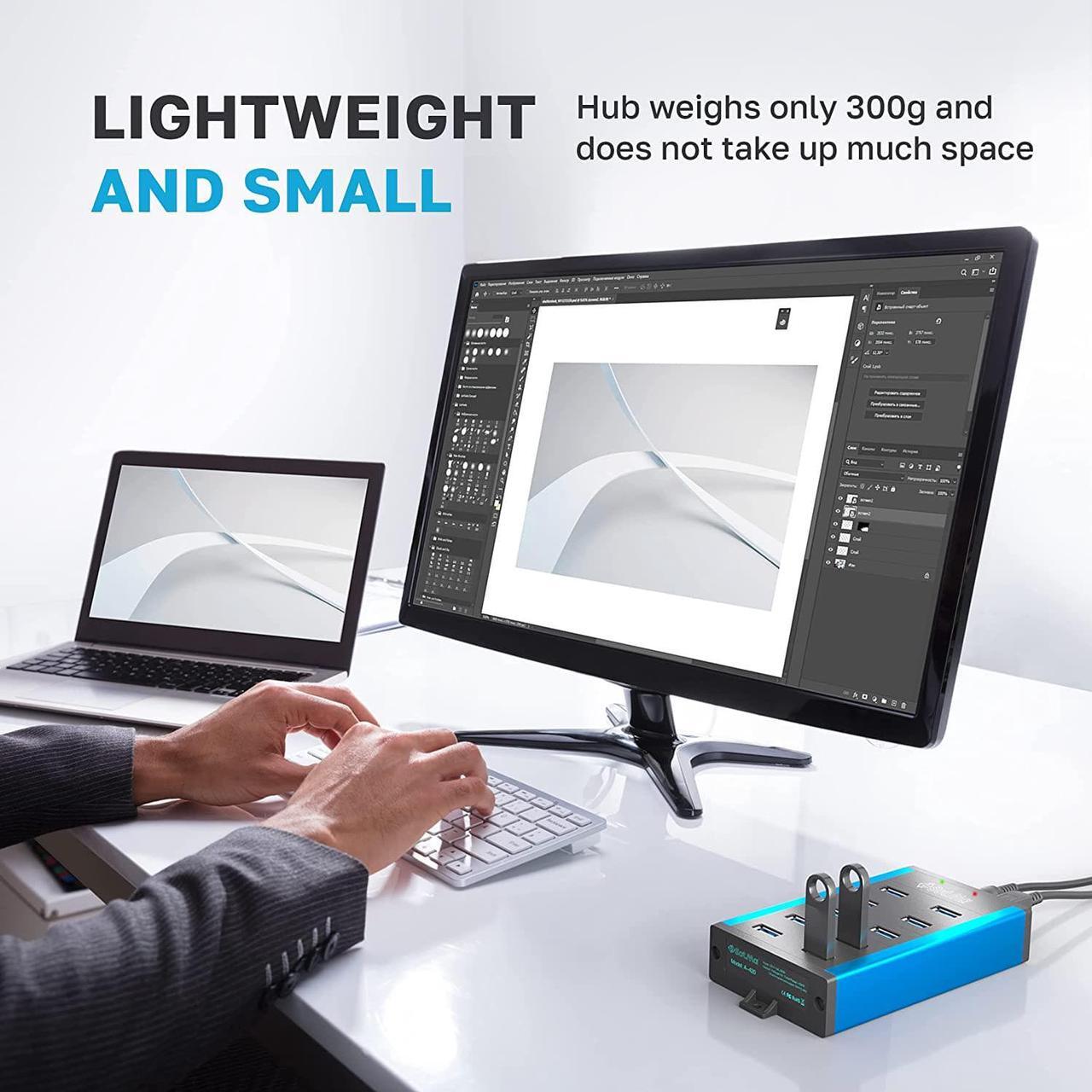 Alt view image 2 of 7 - USB 3.0 Powered Hub - Multi-Safety 10-Port Hub 3.0 with Adapter - Aluminum USB Splitter with Mounting Brackets - Extra USB Ports for Laptops & PC