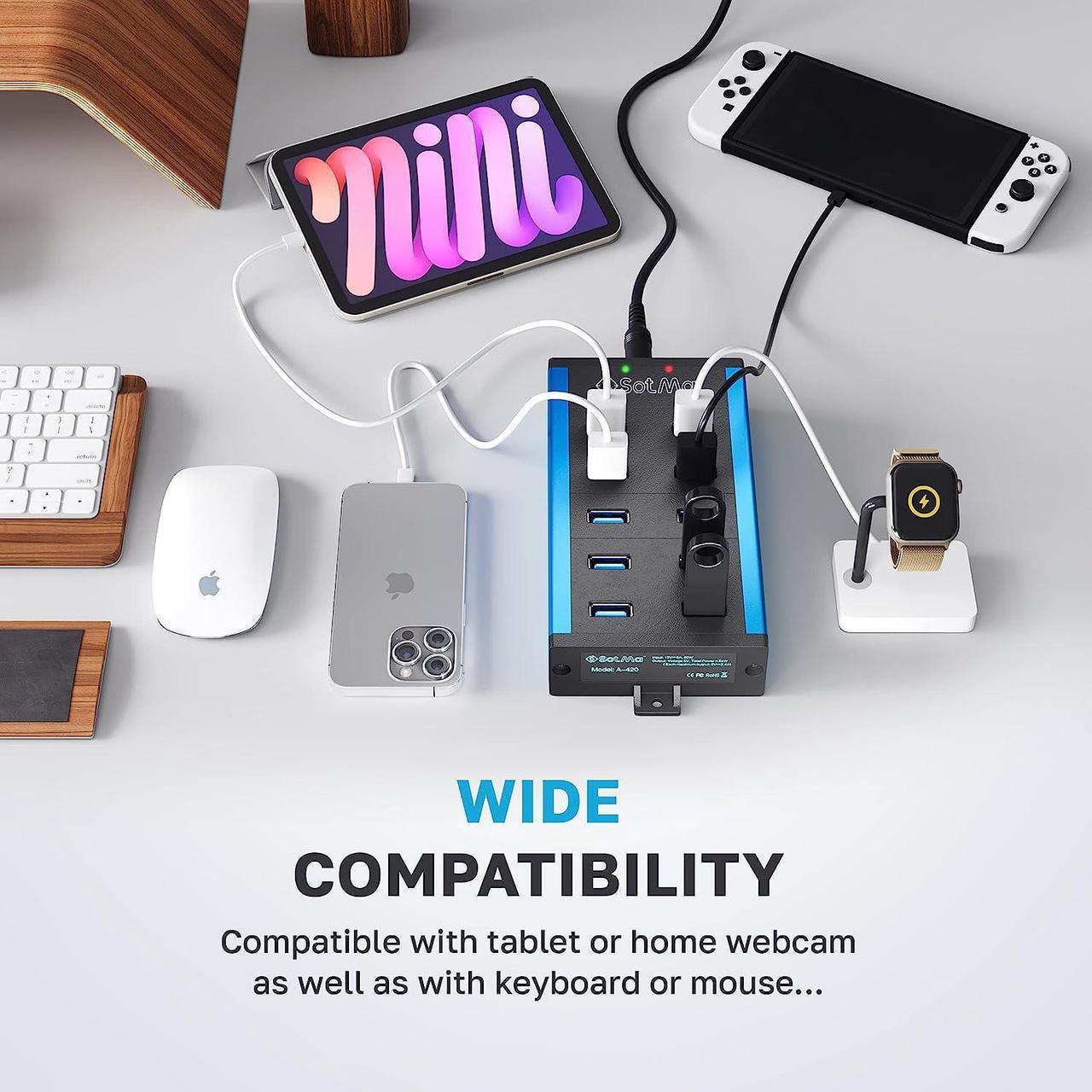 Alt view image 4 of 7 - USB 3.0 Powered Hub - Multi-Safety 10-Port Hub 3.0 with Adapter - Aluminum USB Splitter with Mounting Brackets - Extra USB Ports for Laptops & PC