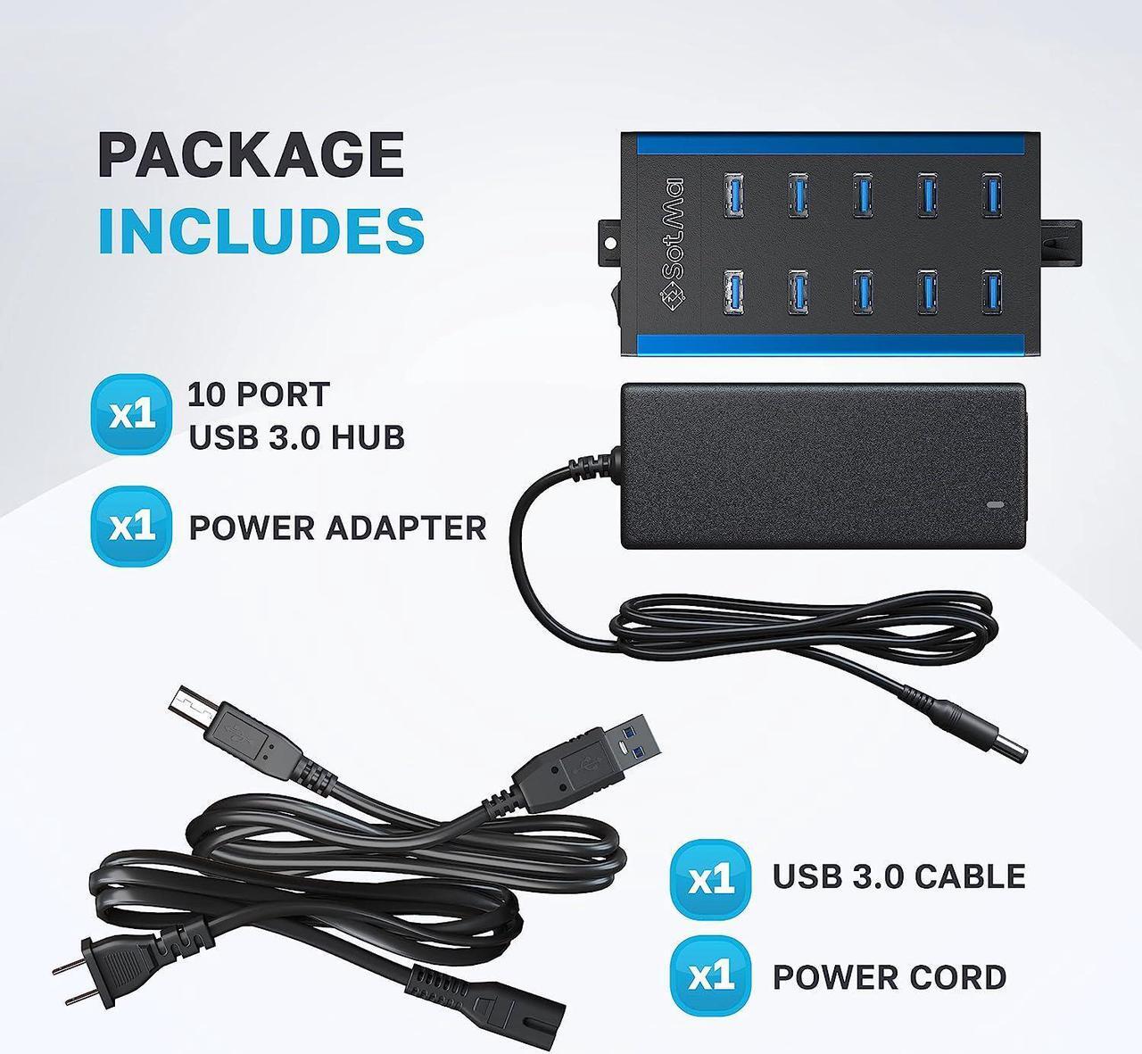 Alt view image 5 of 7 - USB 3.0 Powered Hub - Multi-Safety 10-Port Hub 3.0 with Adapter - Aluminum USB Splitter with Mounting Brackets - Extra USB Ports for Laptops & PC