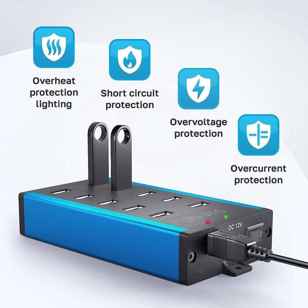 Alt view image 6 of 7 - USB 3.0 Powered Hub - Multi-Safety 10-Port Hub 3.0 with Adapter - Aluminum USB Splitter with Mounting Brackets - Extra USB Ports for Laptops & PC
