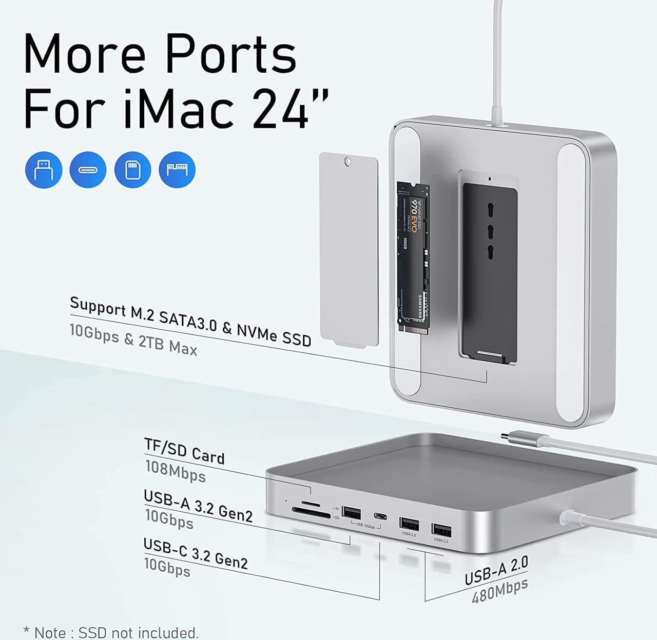 Alt view image 2 of 7 - USB C HUB for iMac 24 inch 2021, PULWTOP 7 in 1 USB Hub Adapter iMac Accessories with USB C 10Gbps 3*USB A SD/TF Card Reader, Docking Station Support Expand M.2 NVMe SSD (Not Included)