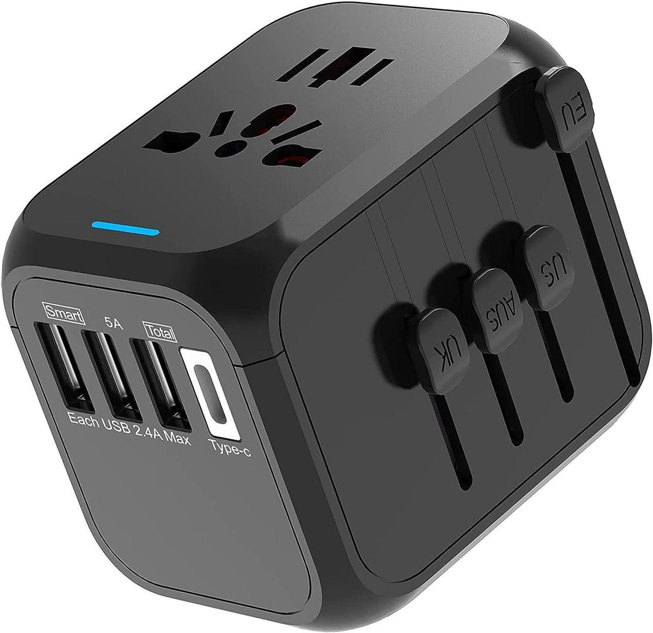 Universal International Travel Power Adapter, All in One Wall Charger with High Speed 2.4A 3xUSB, 3.0A Type-C, European Plug Adapter, Worldwide AC Outlet Plugs for UK, EU, AU, Asia Black