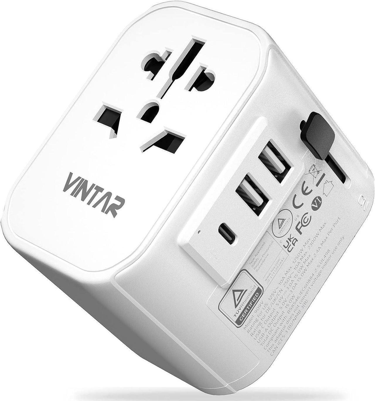 Universal Travel Adapter, VINTAR Grounded International Plug Adapter, All in One Universal AC Outlet with 1 USB C and 2 USB Ports, 4 in 1 Travel Adapter Worldwide for USA,UK,AUS,CN,EU,Europe, White