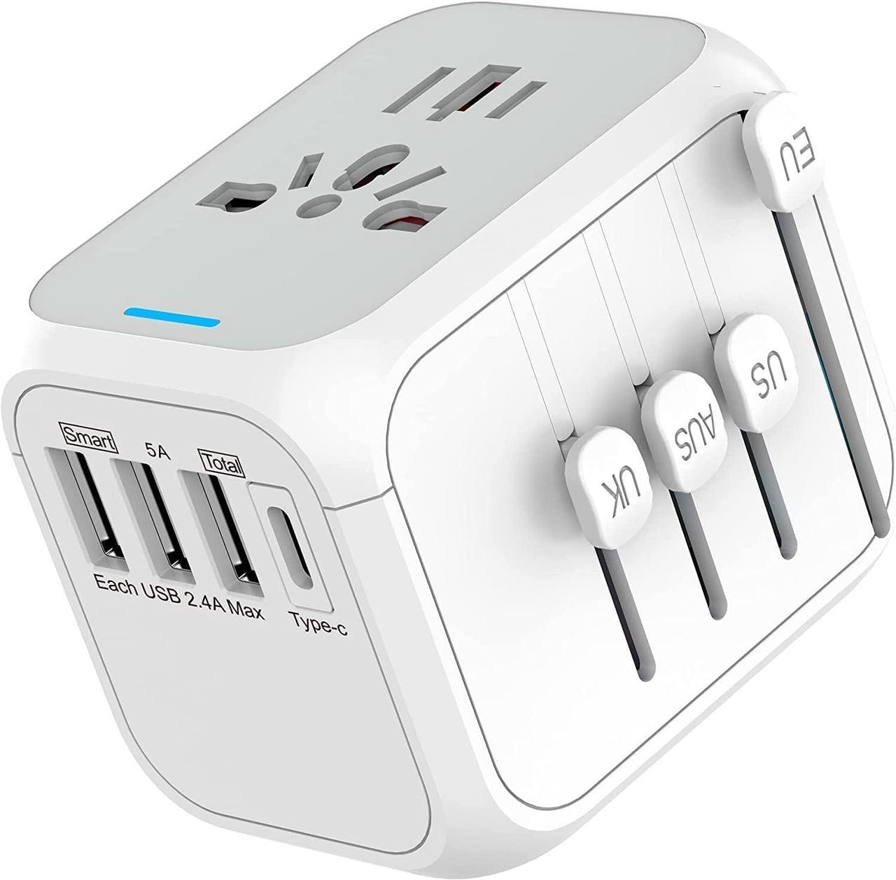 Universal Travel Adapter, International Power Plug Adapter with 3 USB Ports & 1 Type-C Port (5V/3A), 4 AC Outlet Adaptor Charger for US to Most of Europe Iceland Spain Italy France Germany - White