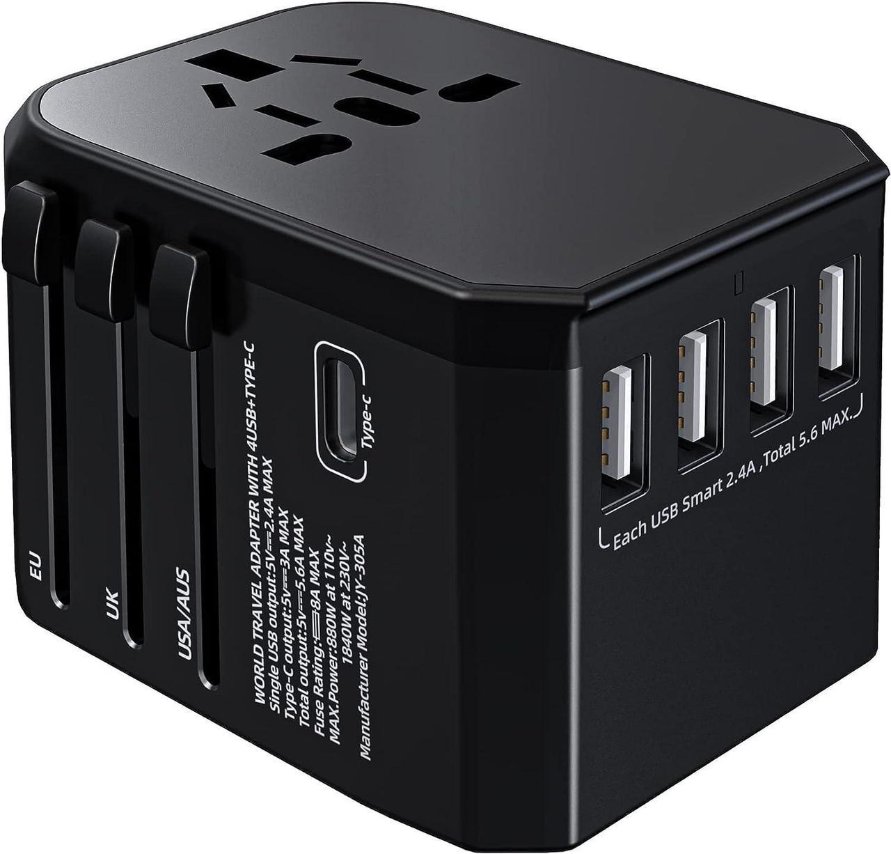 Universal Travel Adapter, International Power Adapter Over 210 Countries Plug Adapter with High Speed 4A 4X USB, 3.0A 1x Type-C Wall Charger for Europe, UK, US, AUS, Asia