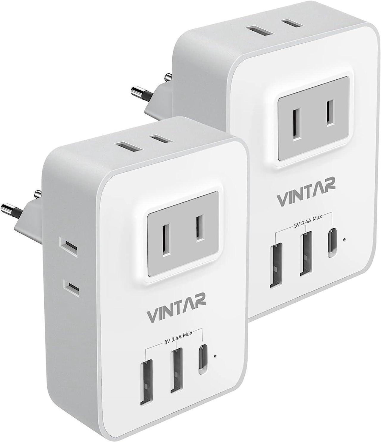 [2-Pack] European Travel Plug Adapter, VINTAR 2 Prong to 2 Prong Canada US to Europe Plug Adapter with 1 USB C, 2 USB Ports and 4 American Outlets, 7 in 1 Travel Adapter to Most of Europe (Type C)