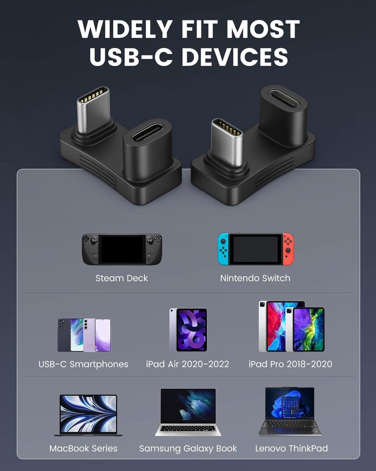 Alt view image 6 of 7 - 180 Degree Angle USB C Adapter 2 Pack U Shape USB-C Male to USB-C Female Adapter Connector with PD 100W/10Gbps USB-C 180 Angle Extender for Steam Deck/Switch/iPhone 15 Series/Laptop/Tablet