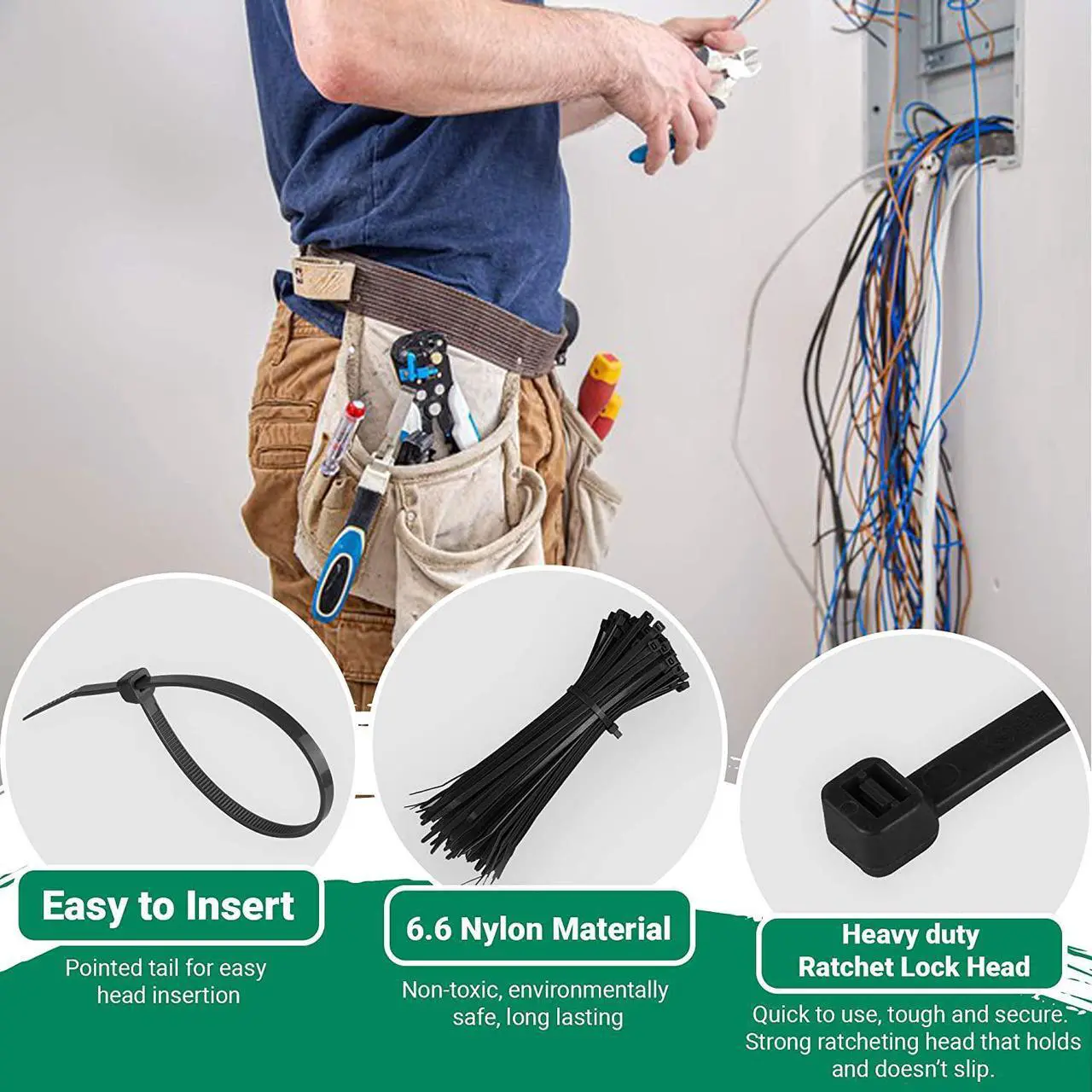 Alt view image 4 of 7 - Nylon Cable Zip Ties Heavy Duty 4 Inch, Ultra Strong Plastic Wire Ties with 15 Pounds Tensile Strength, 100 Pieces, Nylon Tie Wraps with 0.1 Inch/2.5 mm Width in Black, Indoor and Outdoor UV Resistant