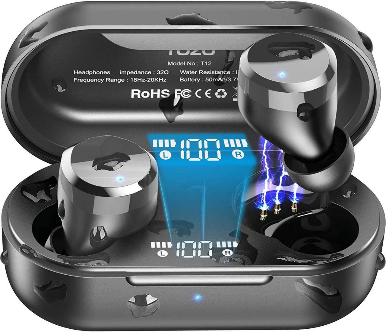 Main image of TOZO T12 Wireless Earbuds Bluetooth Headphones Premium Fidelity Sound Quality Wireless Charging Case Digital LED Intelligence Display IPX8 Waterproof Earphones Built-in Mic Headset for Sport, Black