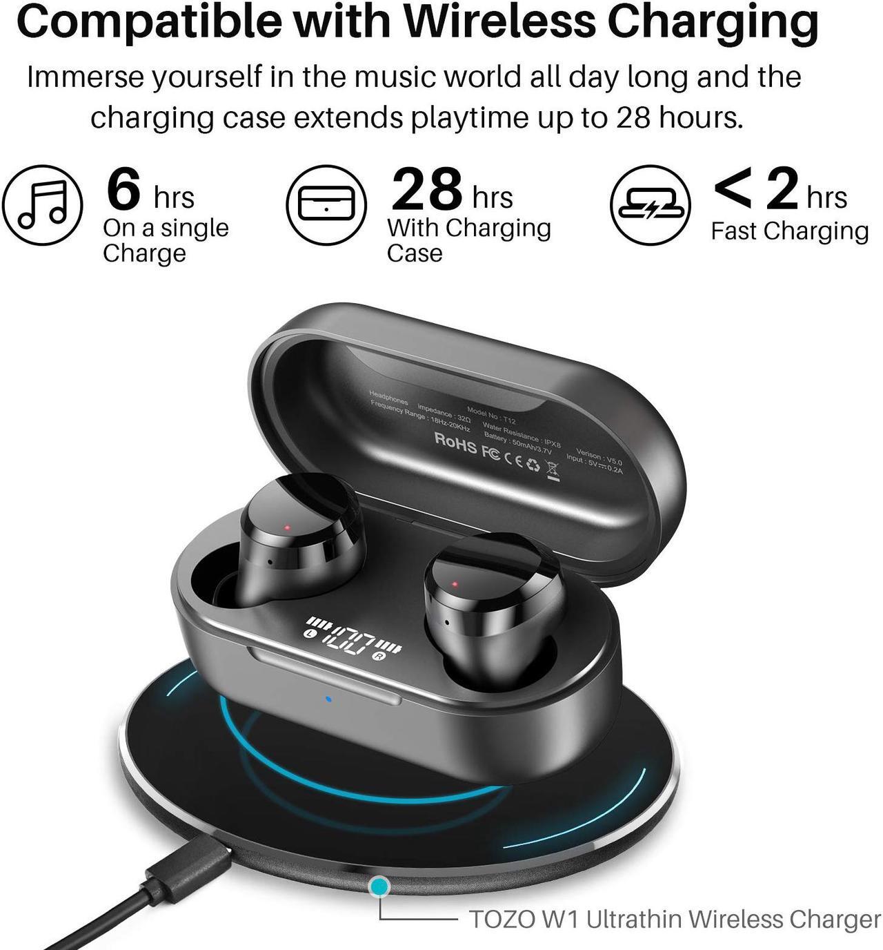 Alt view image 5 of 7 - TOZO T12 Wireless Earbuds Bluetooth Headphones Premium Fidelity Sound Quality Wireless Charging Case Digital LED Intelligence Display IPX8 Waterproof Earphones Built-in Mic Headset for Sport, Black