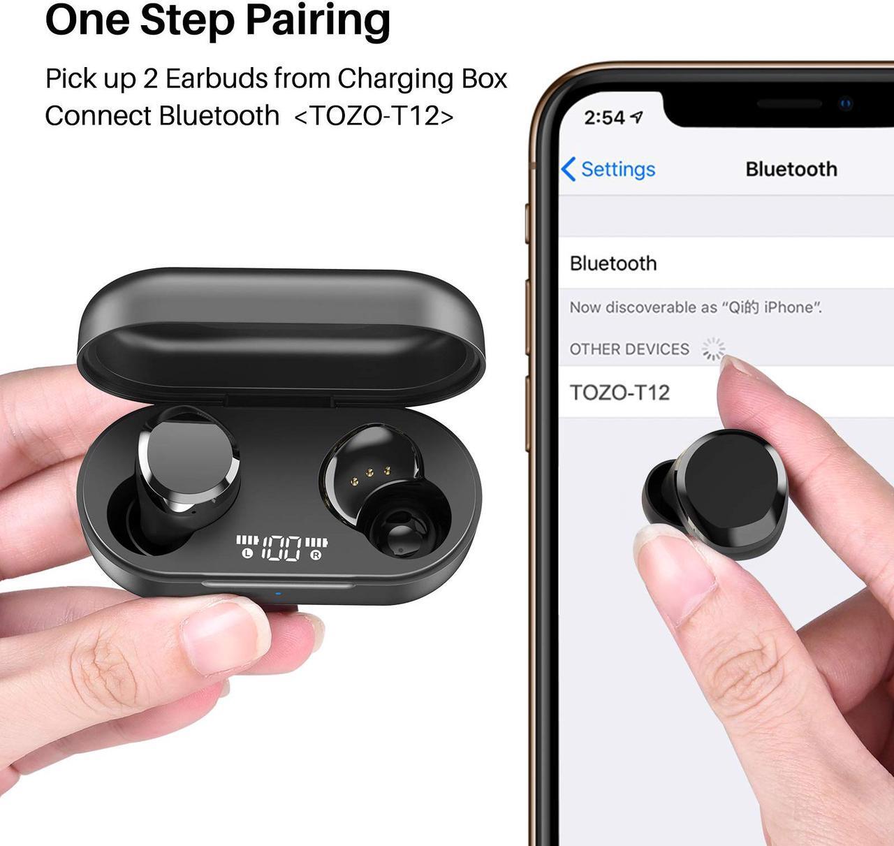 Alt view image 3 of 7 - TOZO T12 Wireless Earbuds Bluetooth Headphones Premium Fidelity Sound Quality Wireless Charging Case Digital LED Intelligence Display IPX8 Waterproof Earphones Built-in Mic Headset for Sport, Black