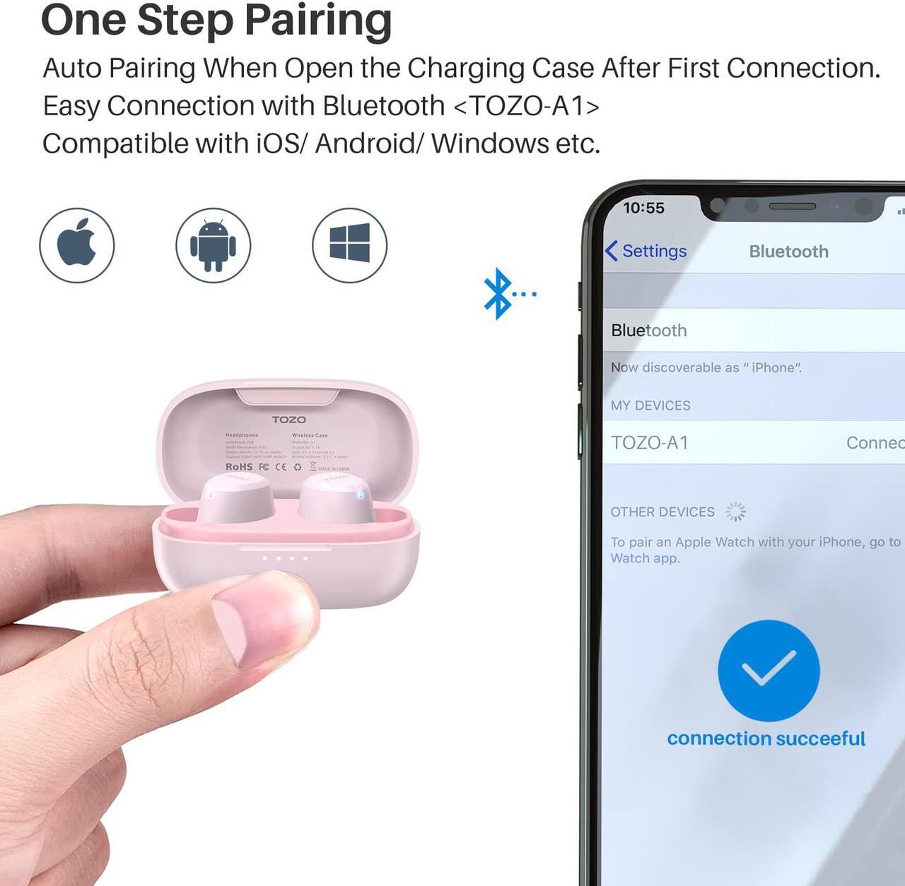 Alt view image 5 of 7 - TOZO A1 Mini Wireless Earbuds Bluetooth 5.3 in Ear Light-Weight Headphones Built-in Microphone, IPX5 Waterproof, Immersive Premium Sound Long 12m Distance Connection Headset with Charging Case, Pink