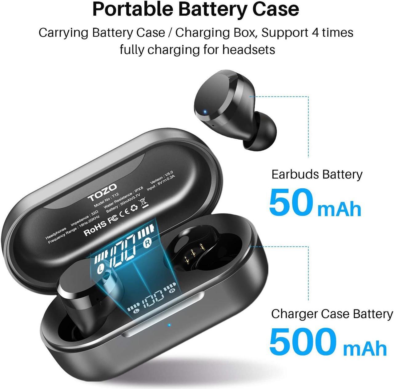 Alt view image 7 of 7 - TOZO T12 Wireless Earbuds Bluetooth Headphones Premium Fidelity Sound Quality Wireless Charging Case Digital LED Intelligence Display IPX8 Waterproof Earphones Built-in Mic Headset for Sport, Black
