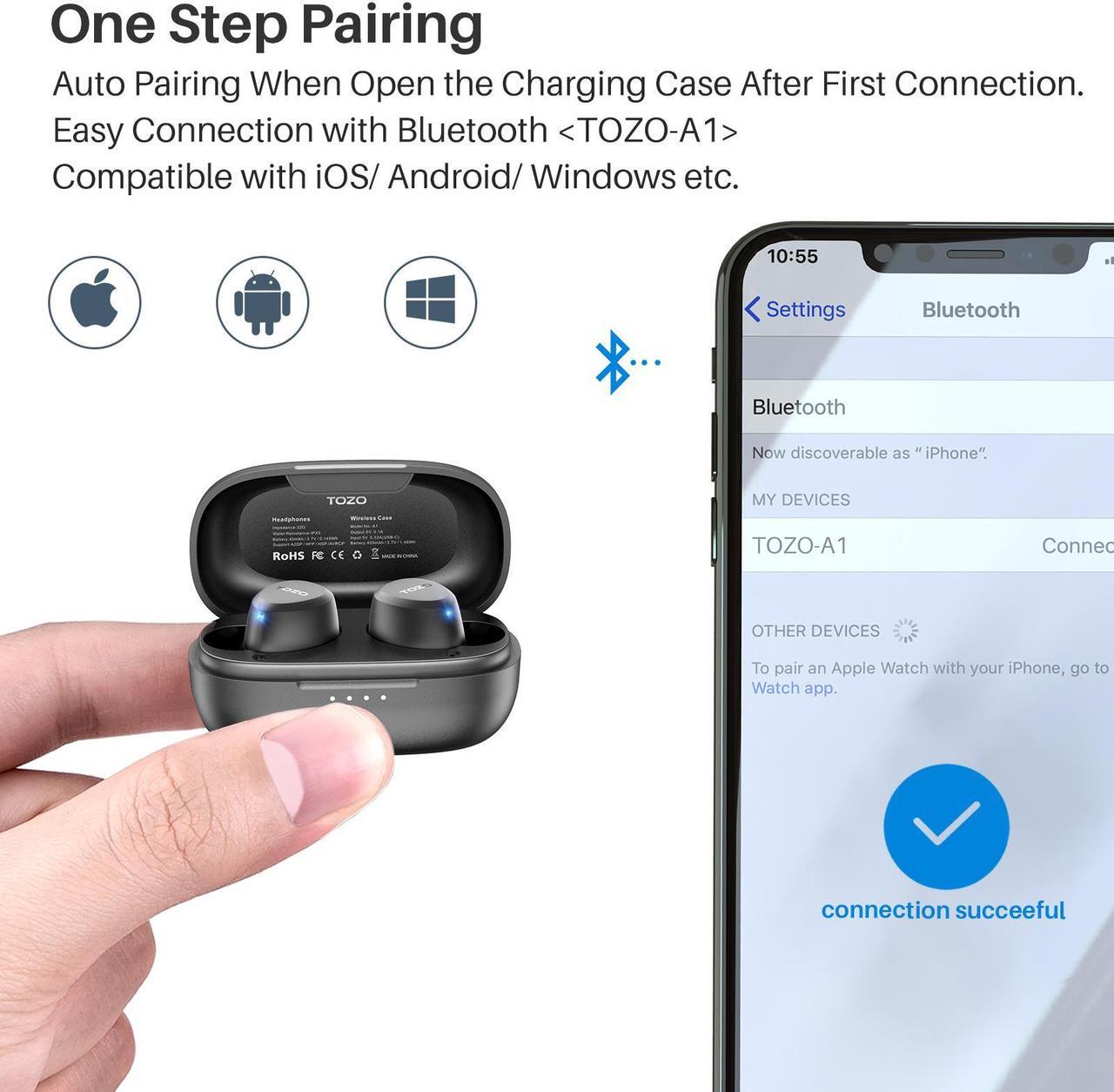 Alt view image 7 of 7 - TOZO A1 Wireless Earbuds Bluetooth 5.3 in Ear Headphones Built-in Microphone, Immersive Premium Sound 24 Hours Playtime with USB-C Charging Case, Black