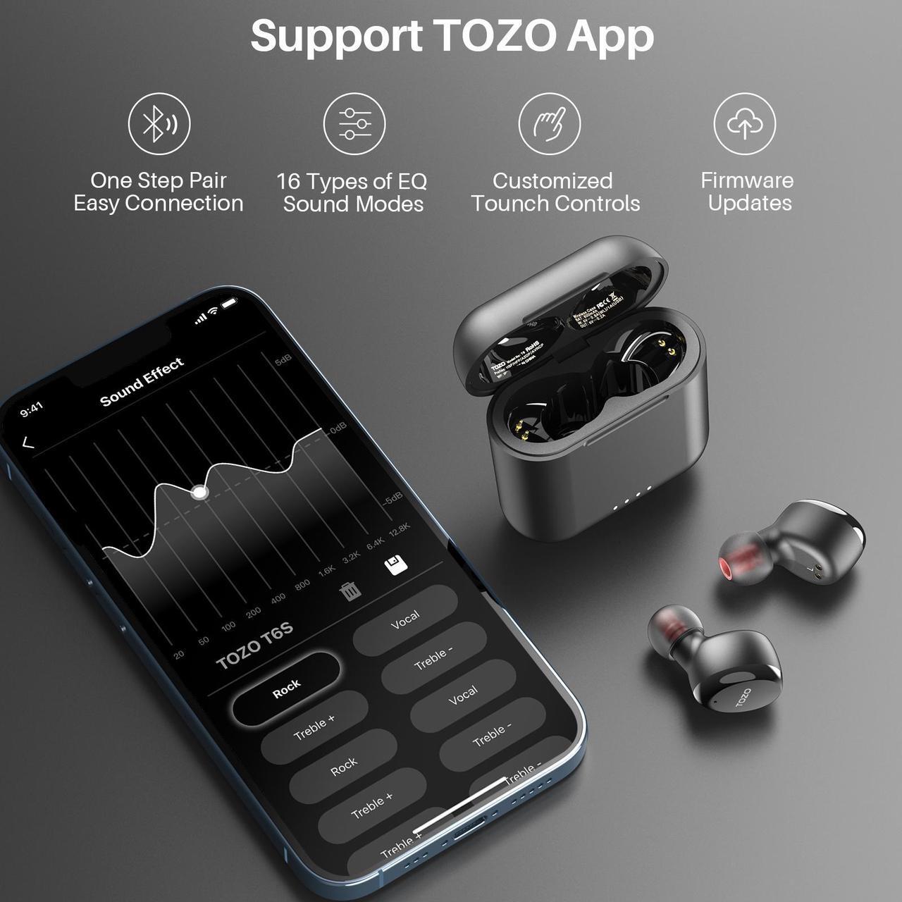 Alt view image 3 of 7 - TOZO T6S Bluetooth True Wireless Earbuds Environmental Noise Cancellation In Ear Headphones Built in Mic Headset Premium Sound with Deep Bass Support APP Control for Sport Black